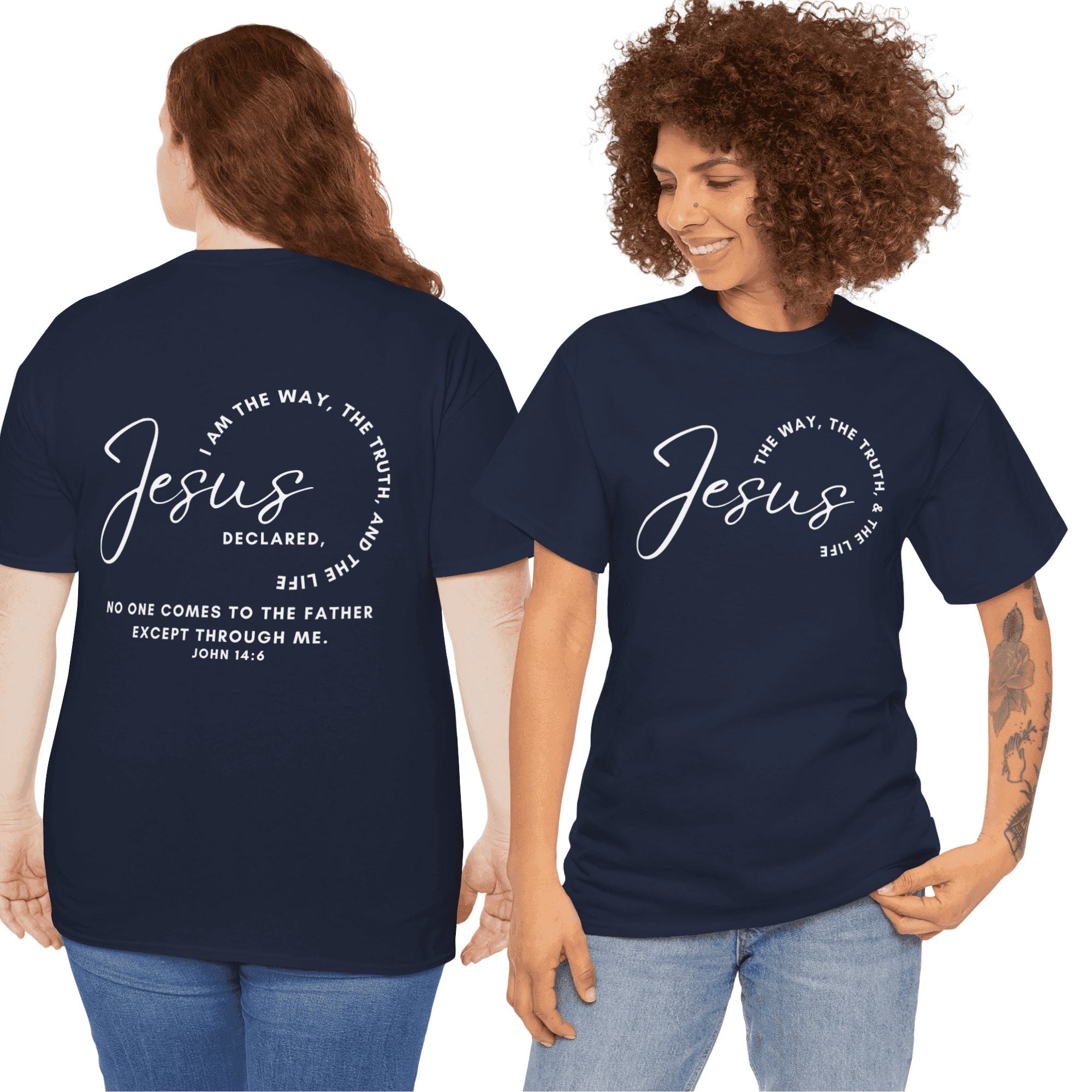 Jesus the Way the Truth the Life t-shirt featuring inspirational text on a navy blue background