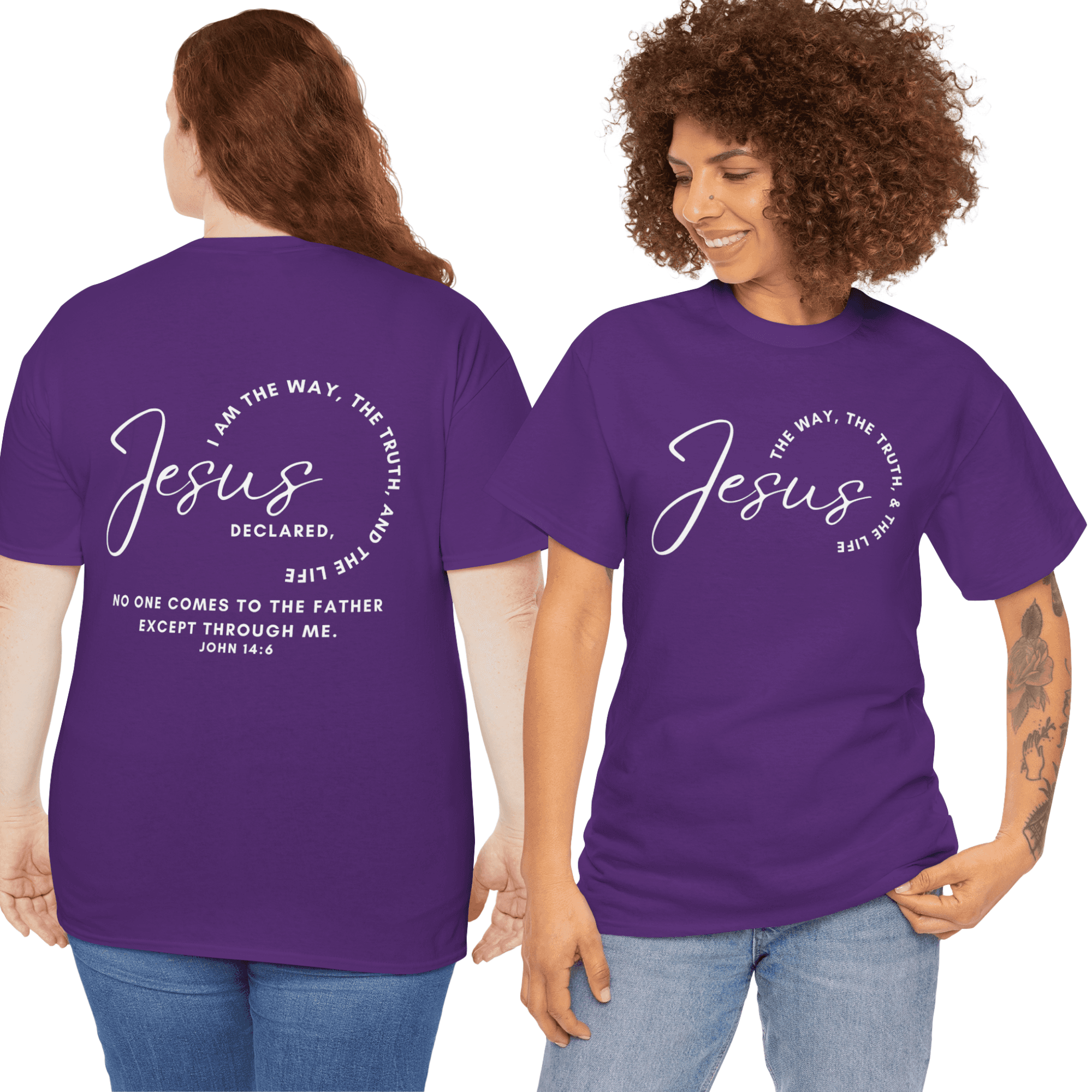 Jesus the Way the Truth the Life t-shirt in purple with inspirational text on front and back