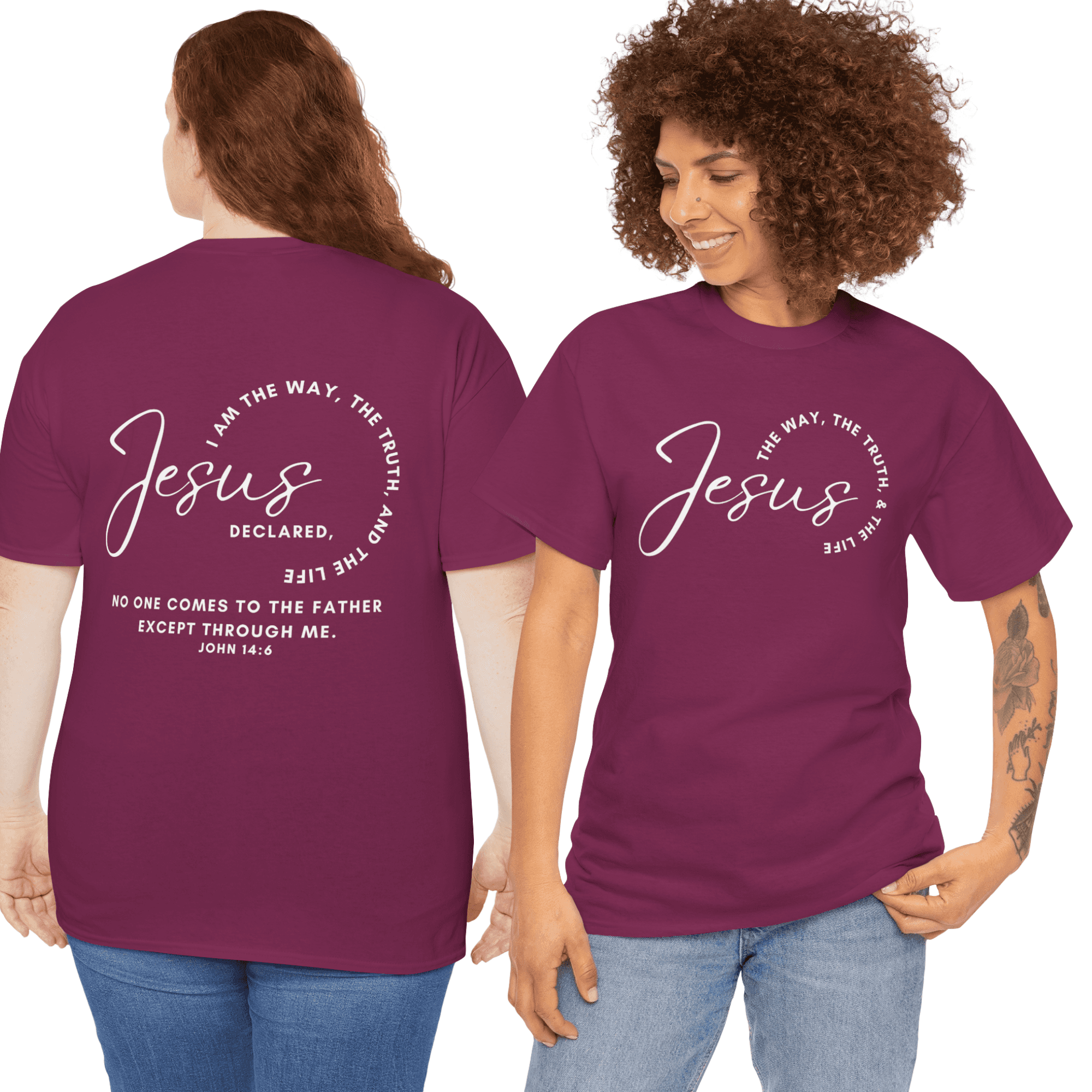 Jesus the Way the Truth the Life t-shirt in purple featuring a faith-inspired design on the back