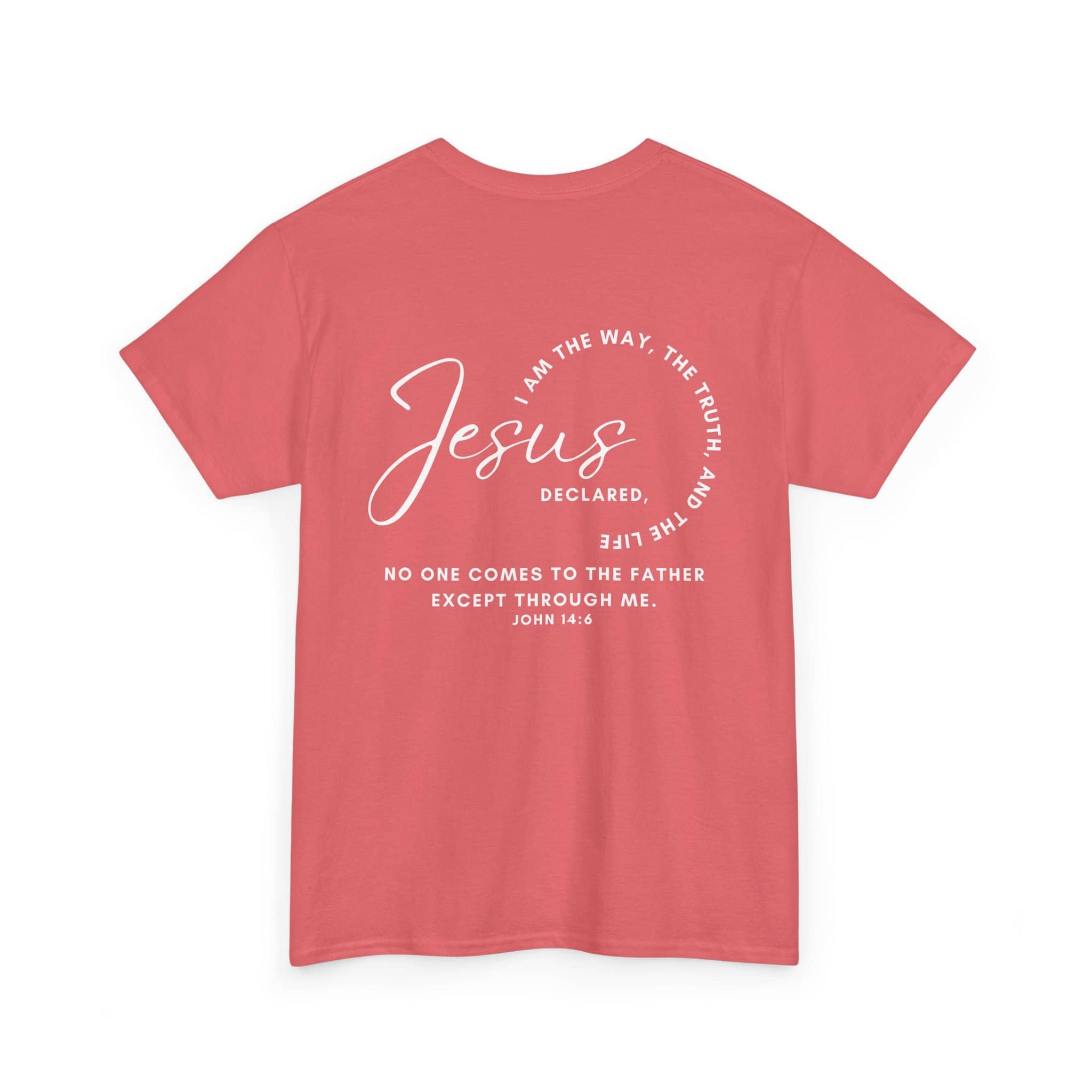 Jesus the Way the Truth the Life t-shirt in coral with inspirational back design and scripture reference