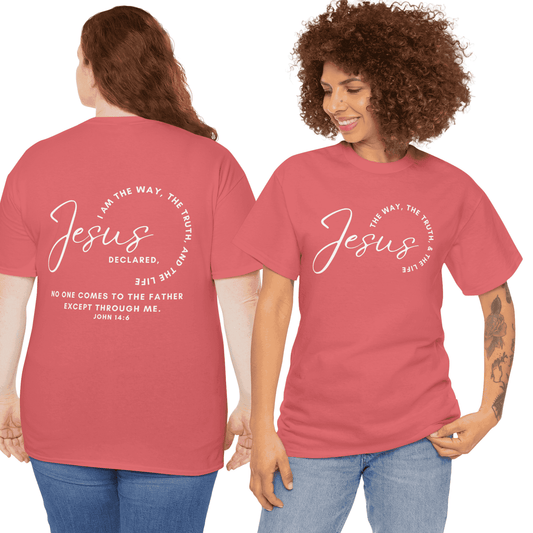 Jesus the Way the Truth the Life t-shirt in pink, featuring a bold front and inspirational back design