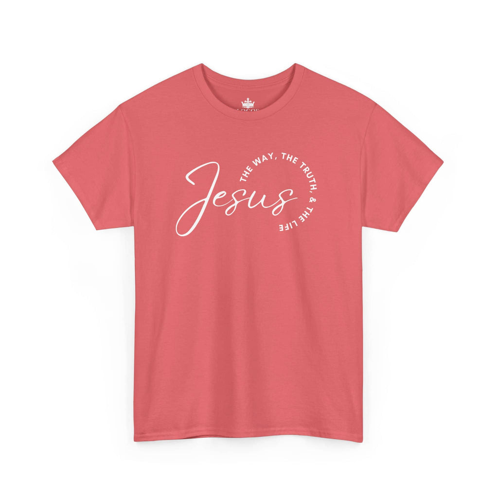 Jesus the Way the Truth the Life t-shirt in coral color with stylish script design