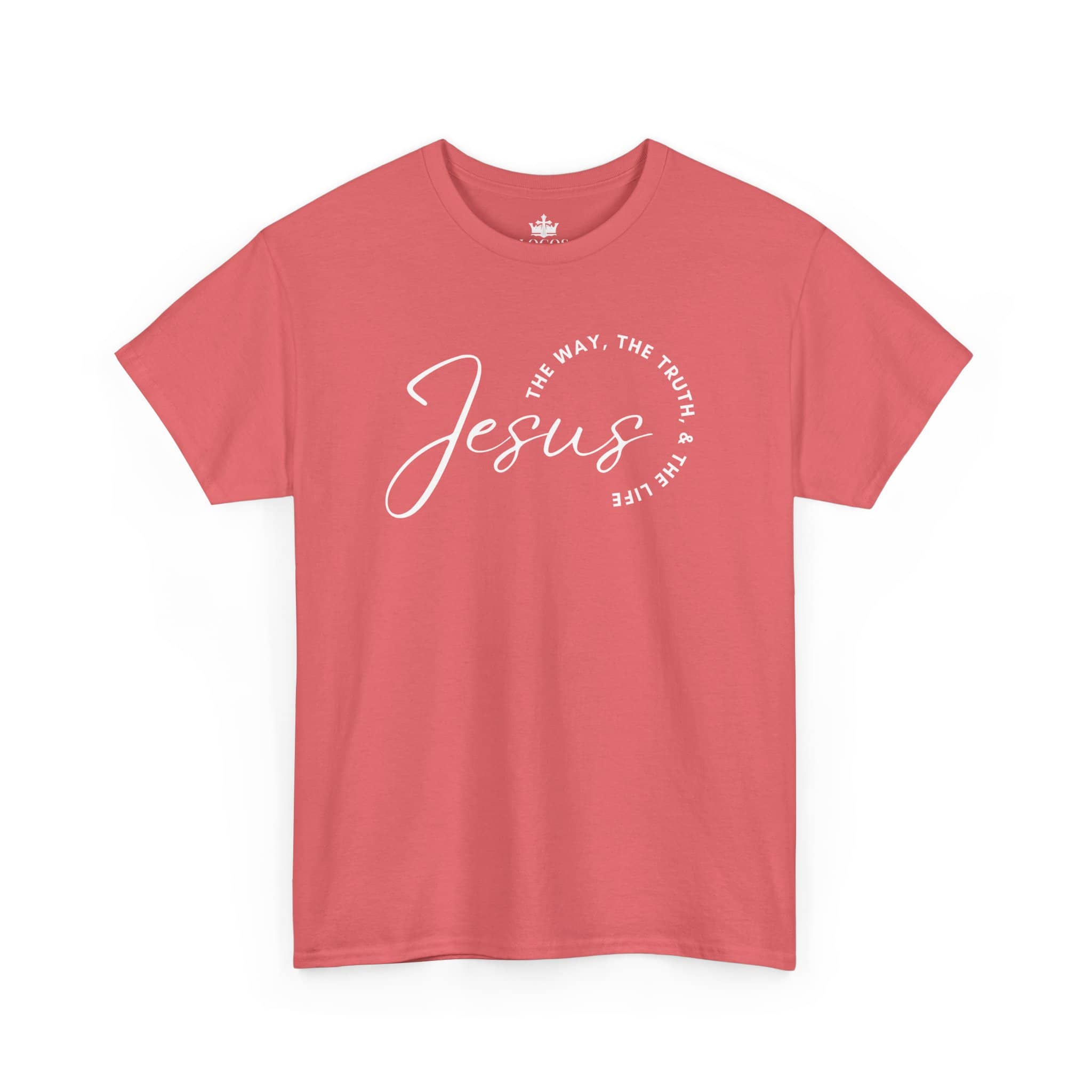 Jesus the Way the Truth the Life t-shirt in coral color with stylish script design