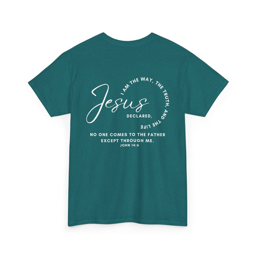 Jesus the Way the Truth the Life t-shirt in teal with inspirational text on the back