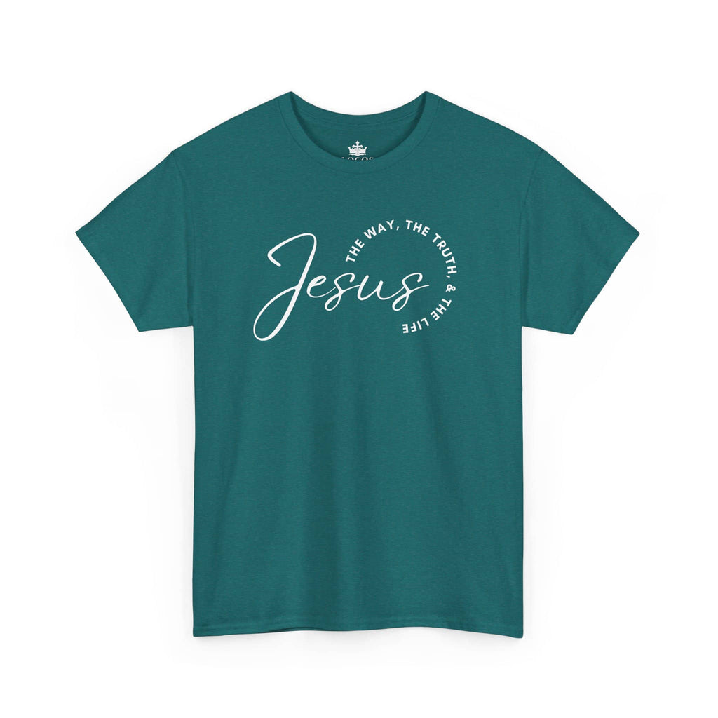 Jesus the Way the Truth the Life t-shirt in teal with stylish white lettering