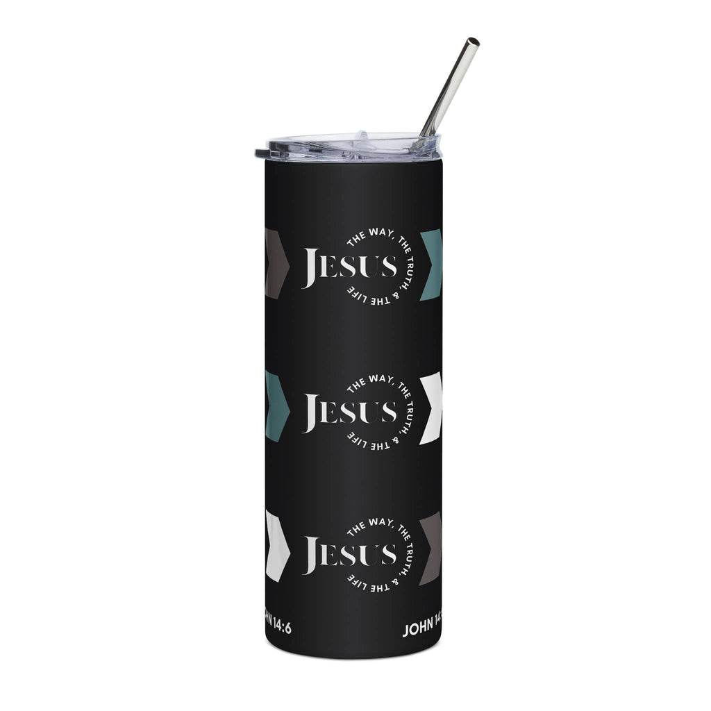 Stainless steel tumbler featuring Jesus The Way, Truth, & Life design on a black background, front view