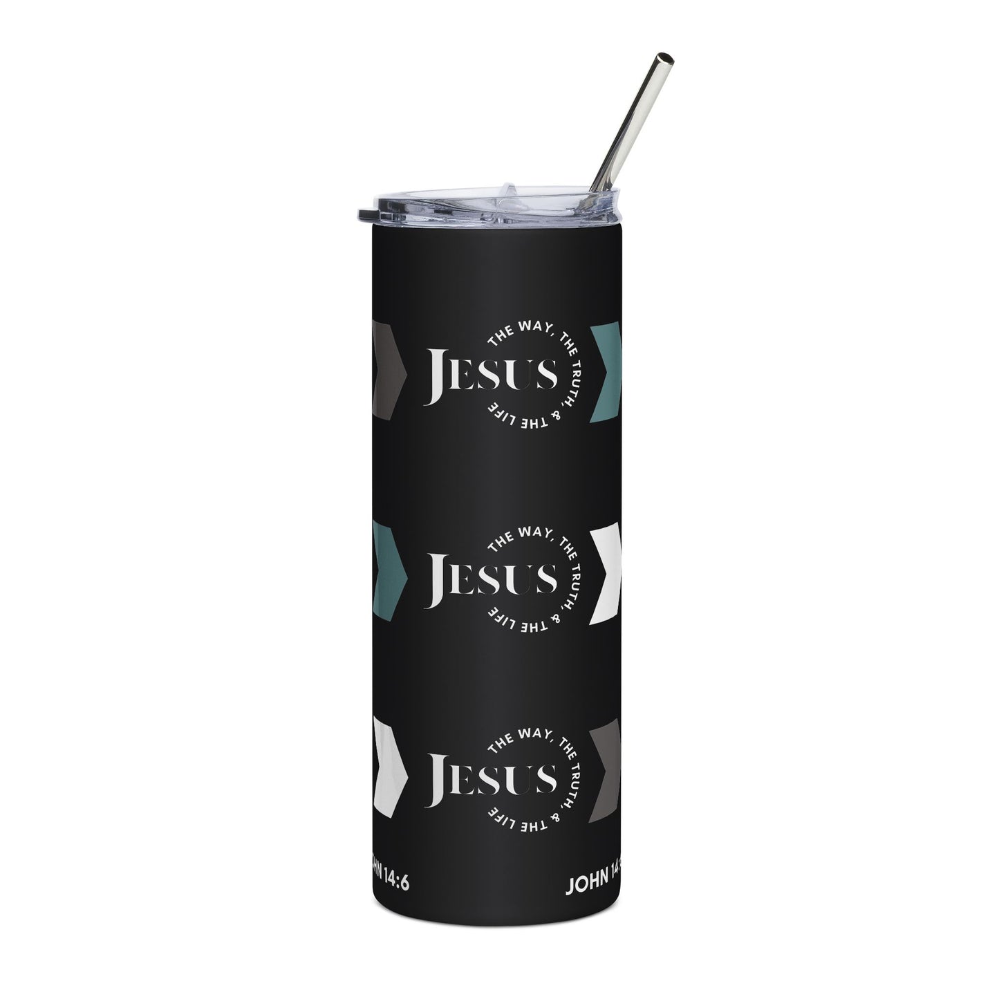 Stainless steel tumbler featuring Jesus The Way, Truth, & Life design on a black background, front view