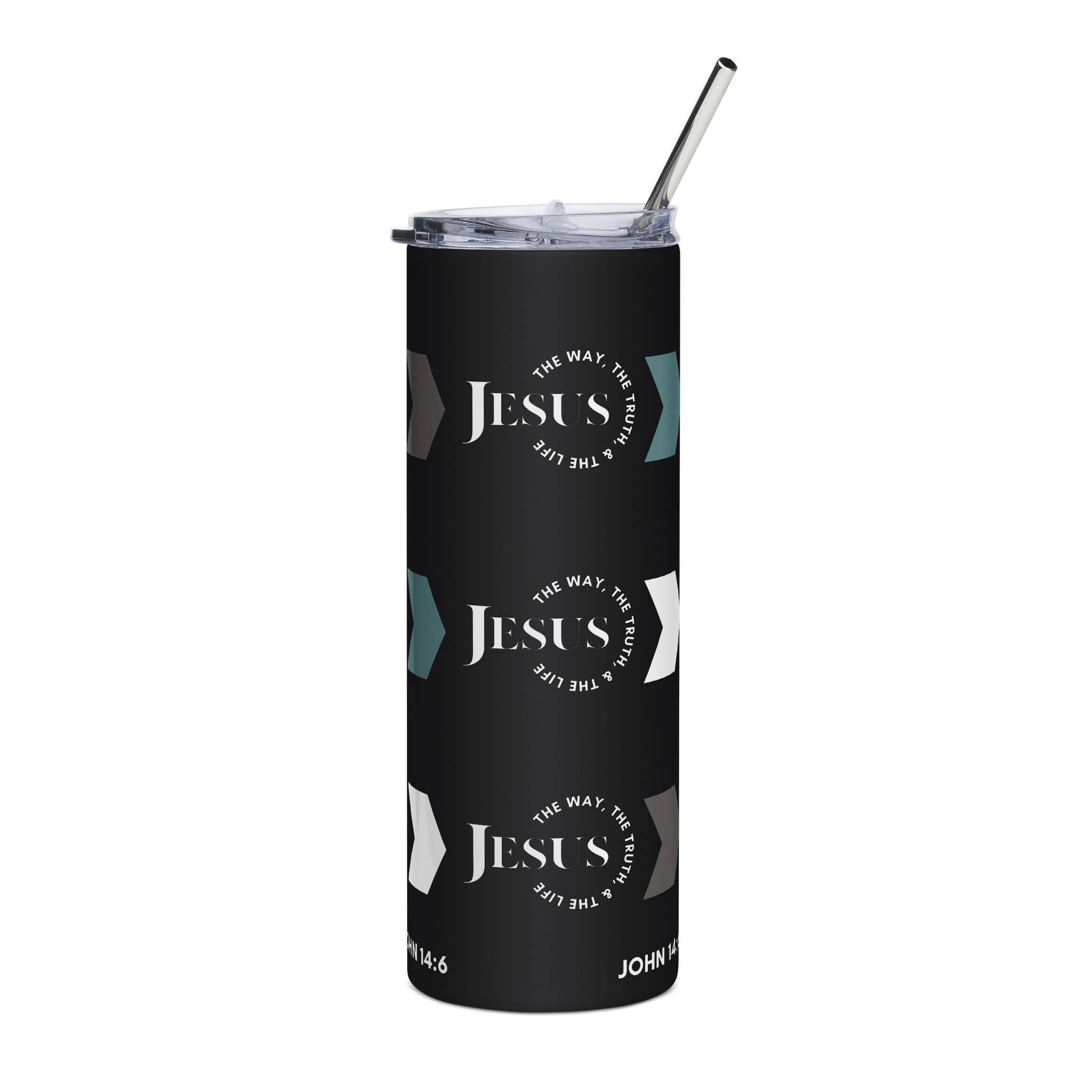 Stainless steel tumbler featuring Jesus The Way, Truth, & Life design on a black background, front view