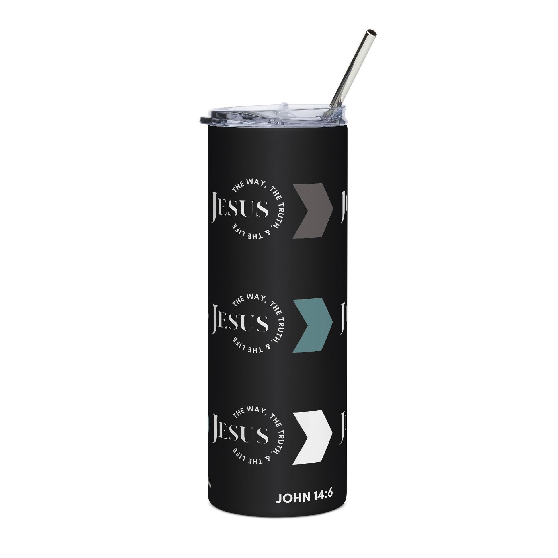 Stainless steel tumbler featuring 'Jesus The Way, Truth, & Life' in black with a straw view