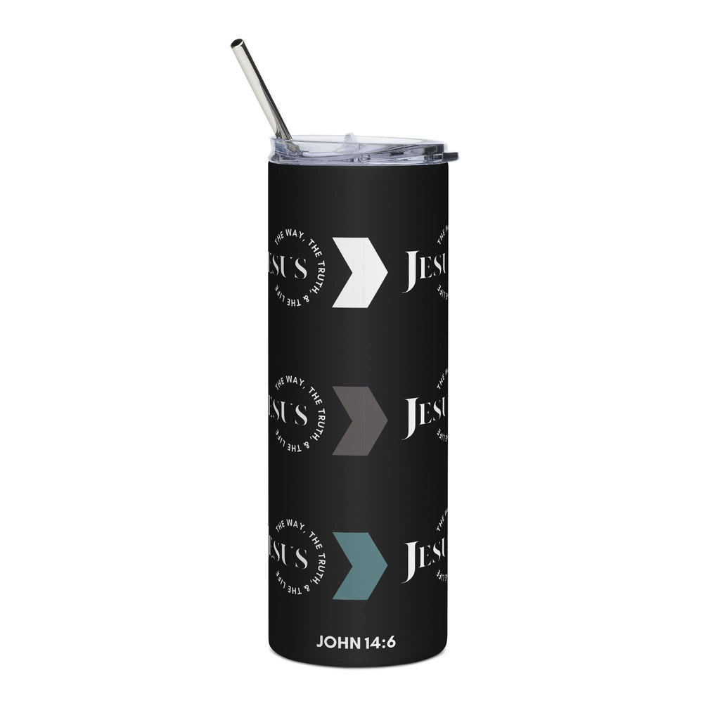 Stainless Steel Tumbler with 'Jesus The Way, Truth, & Life' design in black, featuring a straw