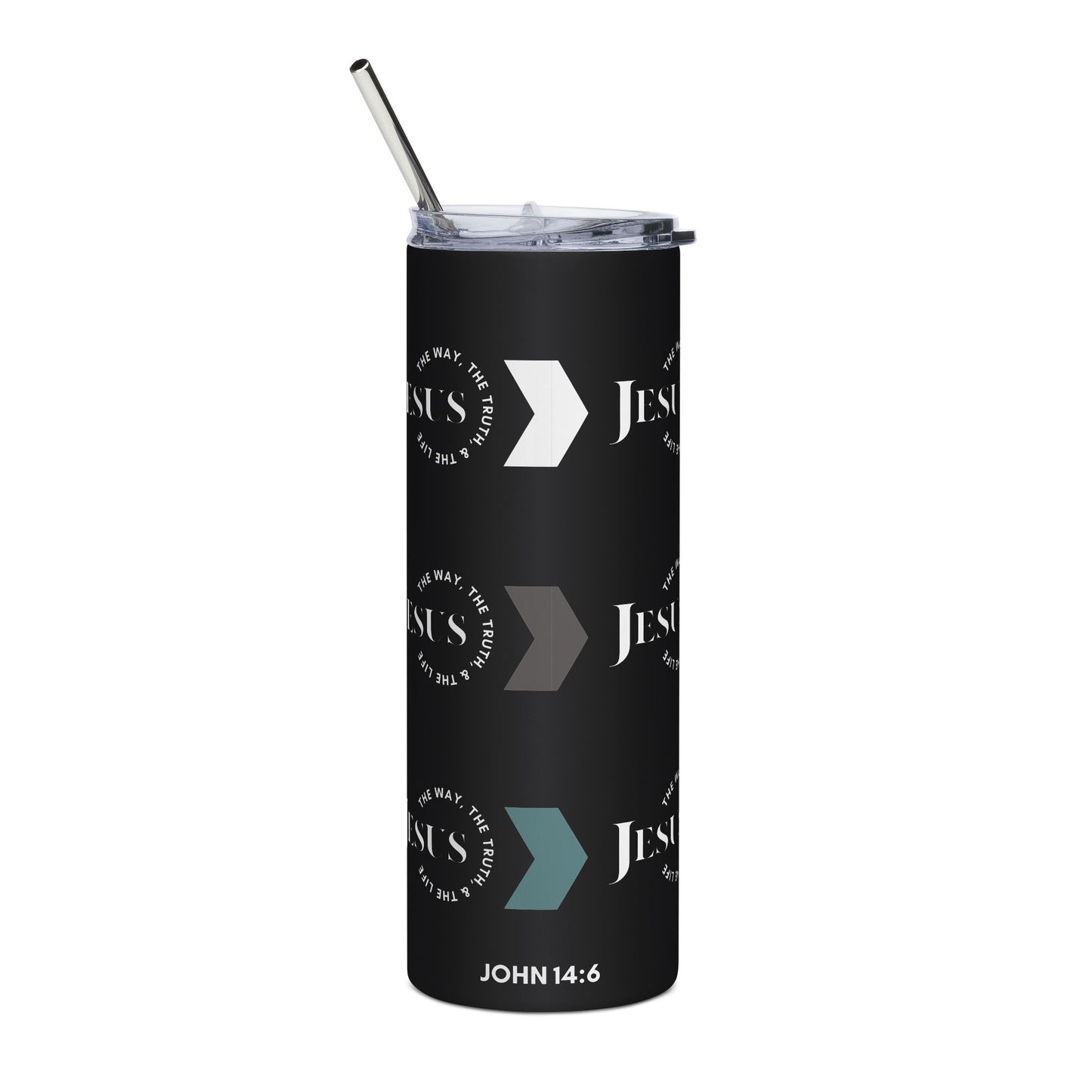 Stainless Steel Tumbler with 'Jesus The Way, Truth, & Life' design in black, featuring a straw
