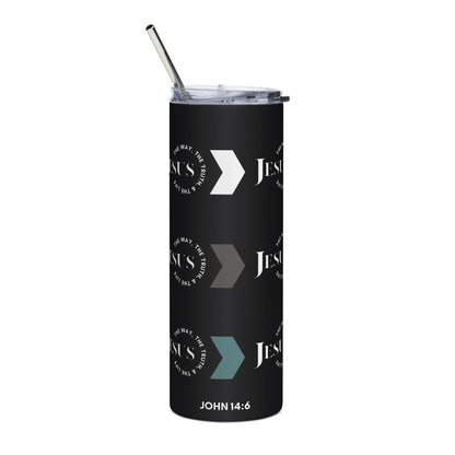 Stainless Steel Tumbler with 'Jesus The Way, Truth, & Life' design in black, featuring a straw