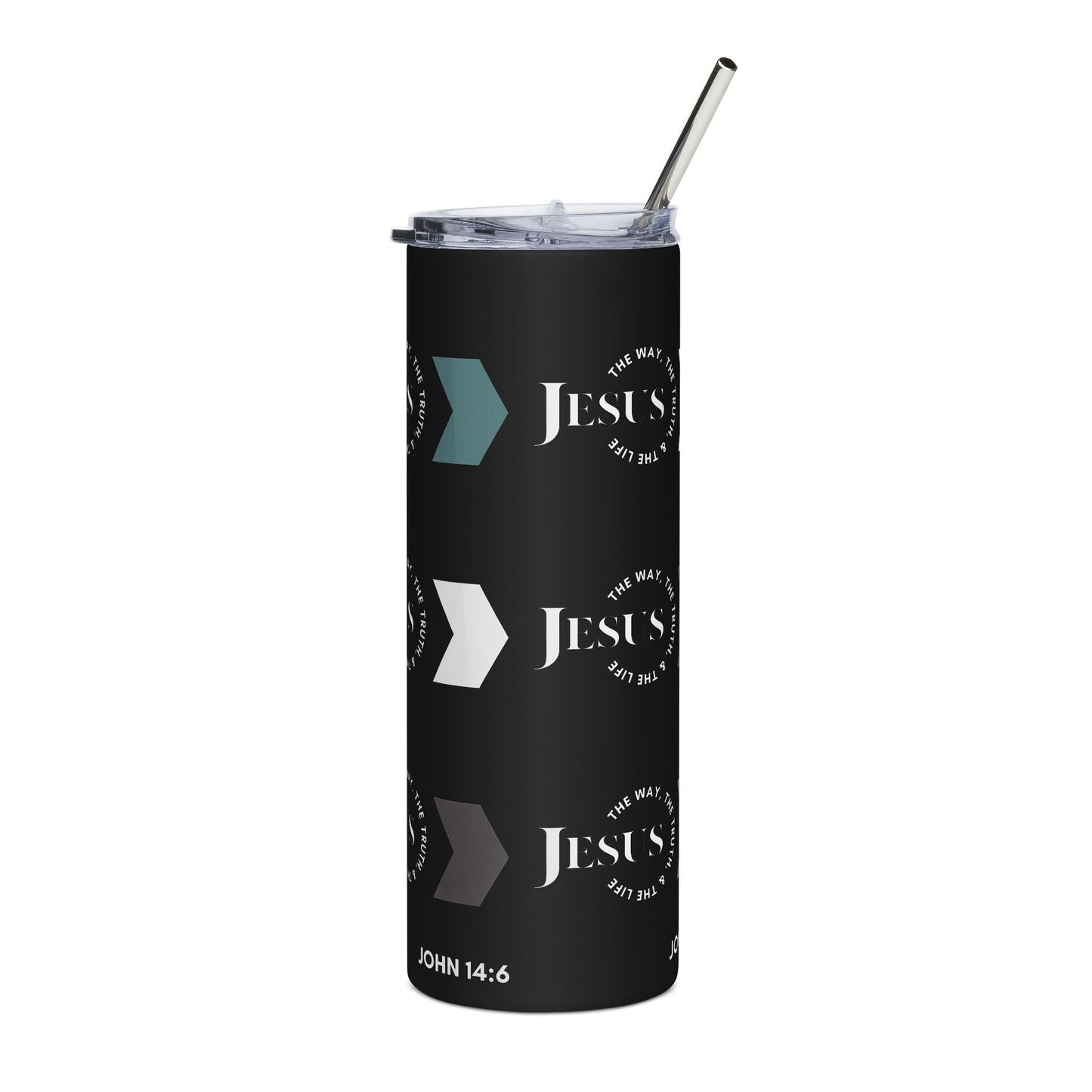 Jesus The Way, Truth, & Life Stainless Steel Tumbler in black with a straw, featuring meaningful scripture