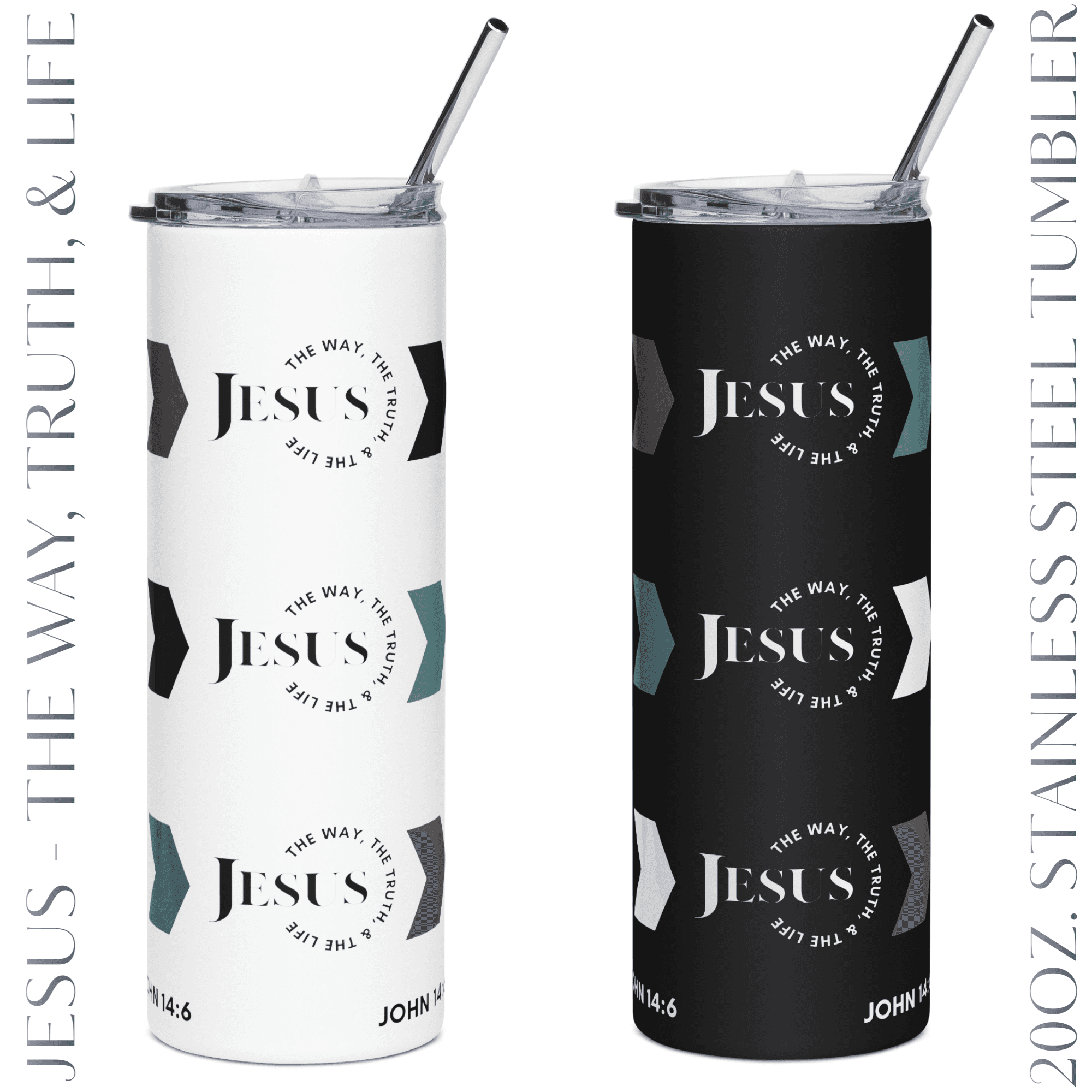 Jesus The Way, Truth, & Life Stainless Steel Tumbler in white and black with colorful geometric accents