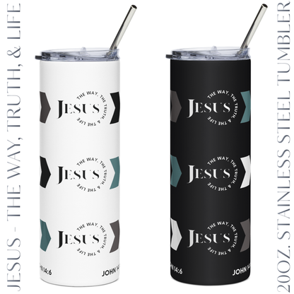 Jesus The Way, Truth, & Life Stainless Steel Tumbler in white and black with colorful geometric accents