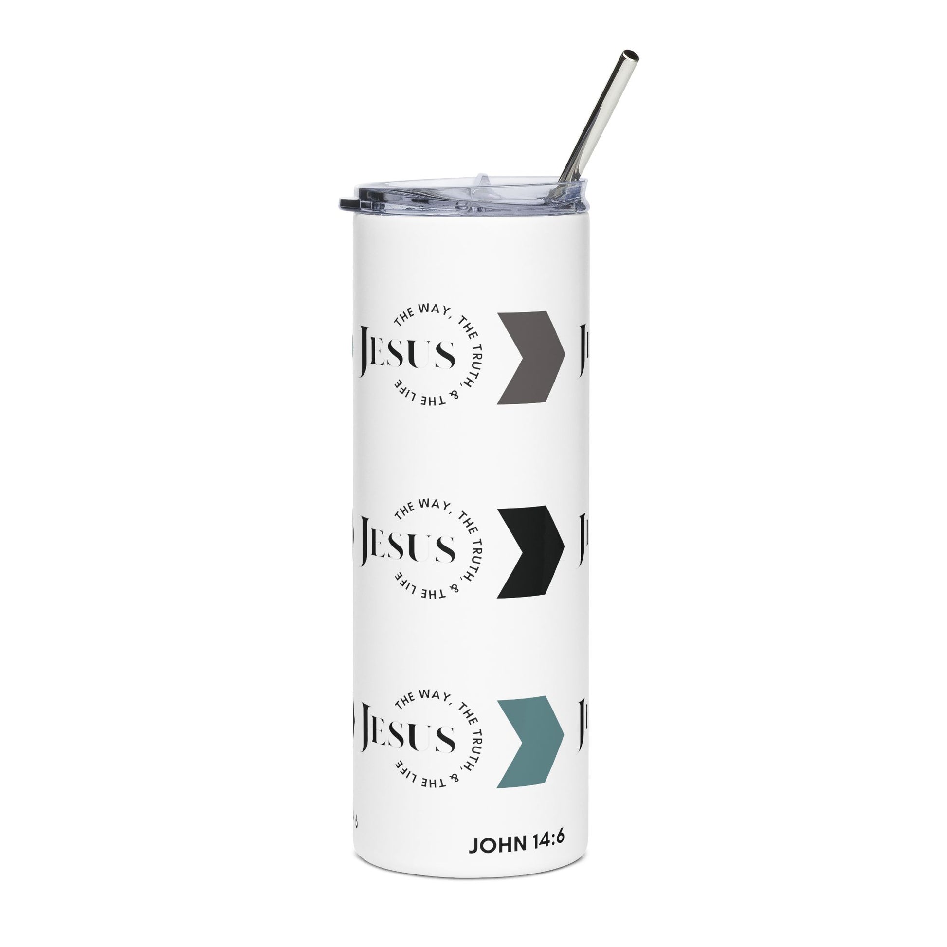 Stainless Steel Tumbler featuring Jesus The Way, Truth, & Life design with arrows in white and teal