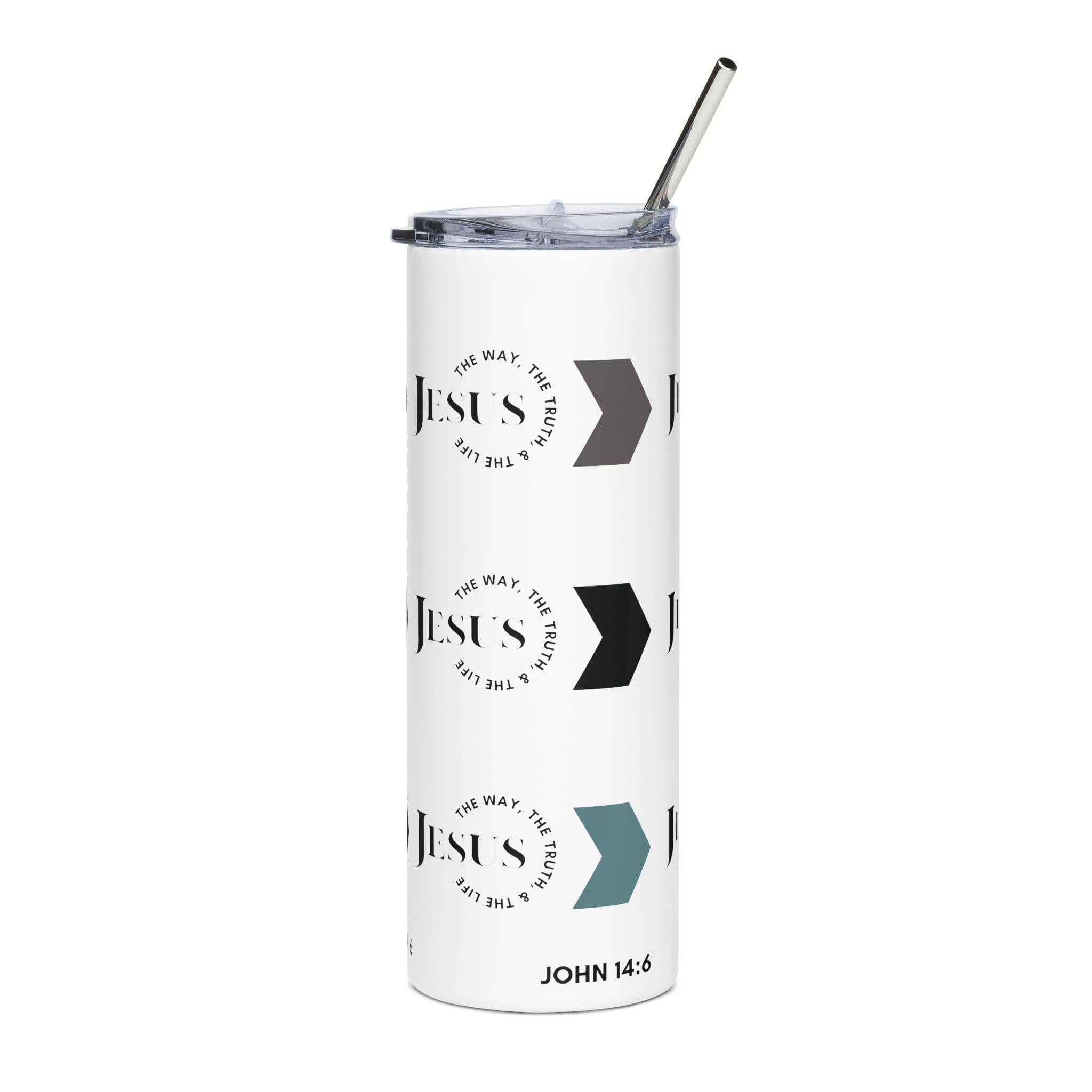 Stainless Steel Tumbler featuring Jesus The Way, Truth, & Life design with arrows in white and teal