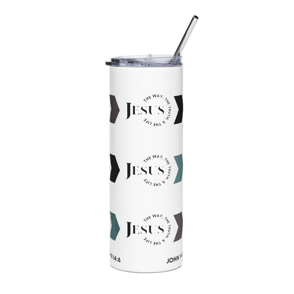 Stainless Steel Tumbler with 'Jesus The Way, Truth, & Life' design in white and colorful accents, front view