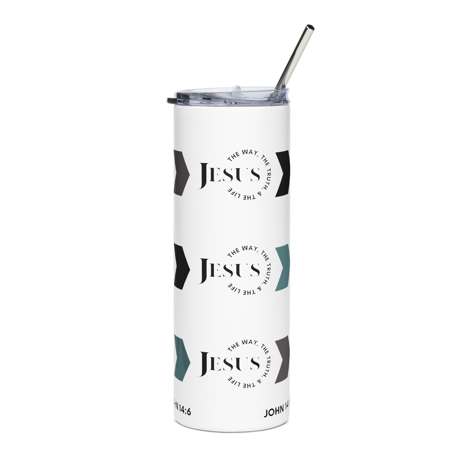 Stainless Steel Tumbler with 'Jesus The Way, Truth, & Life' design in white and colorful accents, front view