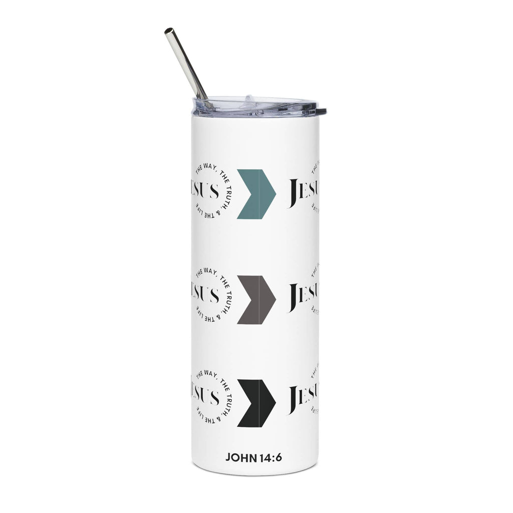 Stainless steel tumbler with 'Jesus The Way, Truth, & Life' design, featuring a white background and straw