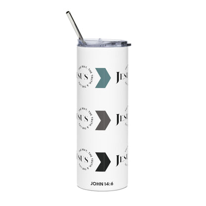 Stainless steel tumbler with 'Jesus The Way, Truth, & Life' design, featuring a white background and straw