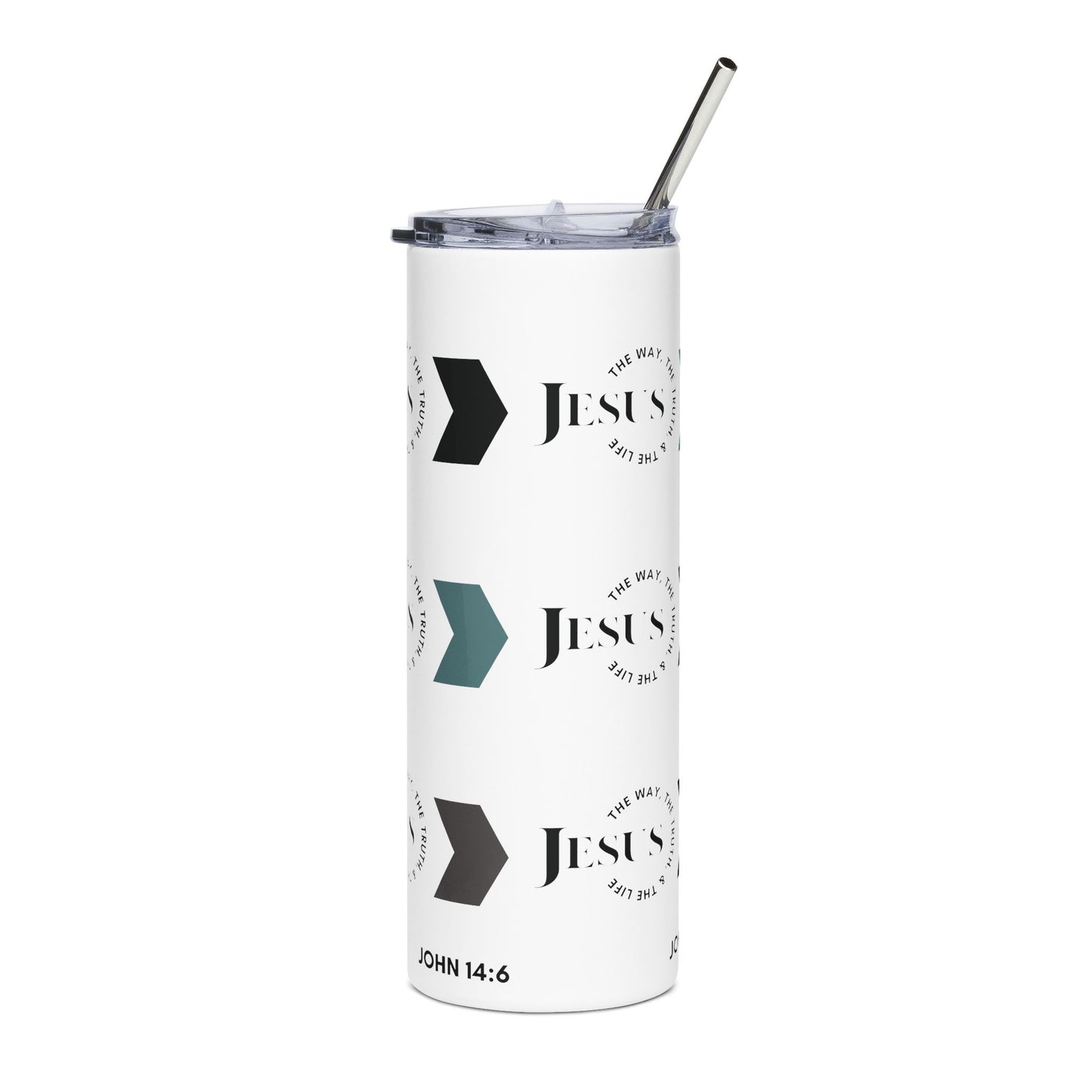 Jesus The Way, Truth, & Life Stainless Steel Tumbler in white with scripture on front view