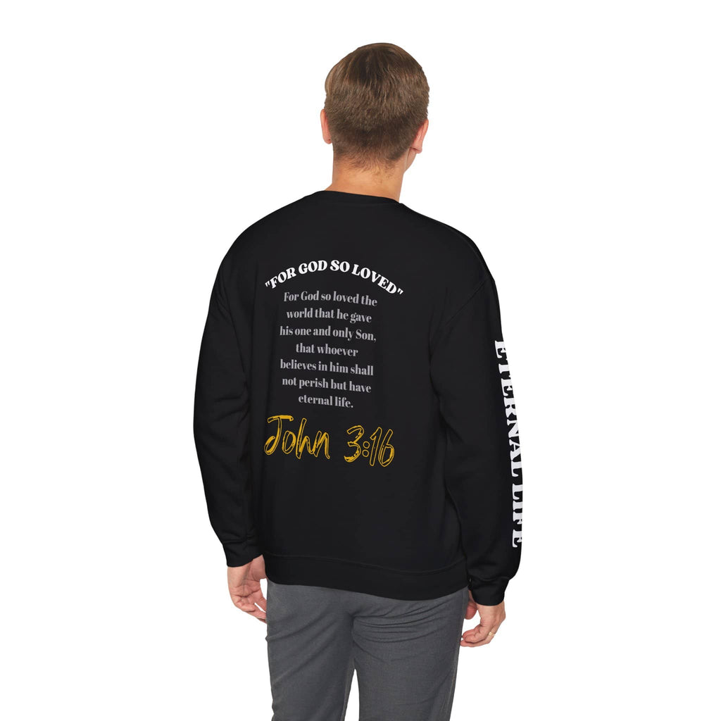 Black John 3:16 sweatshirt featuring inspirational Bible verse on the back for casual wear