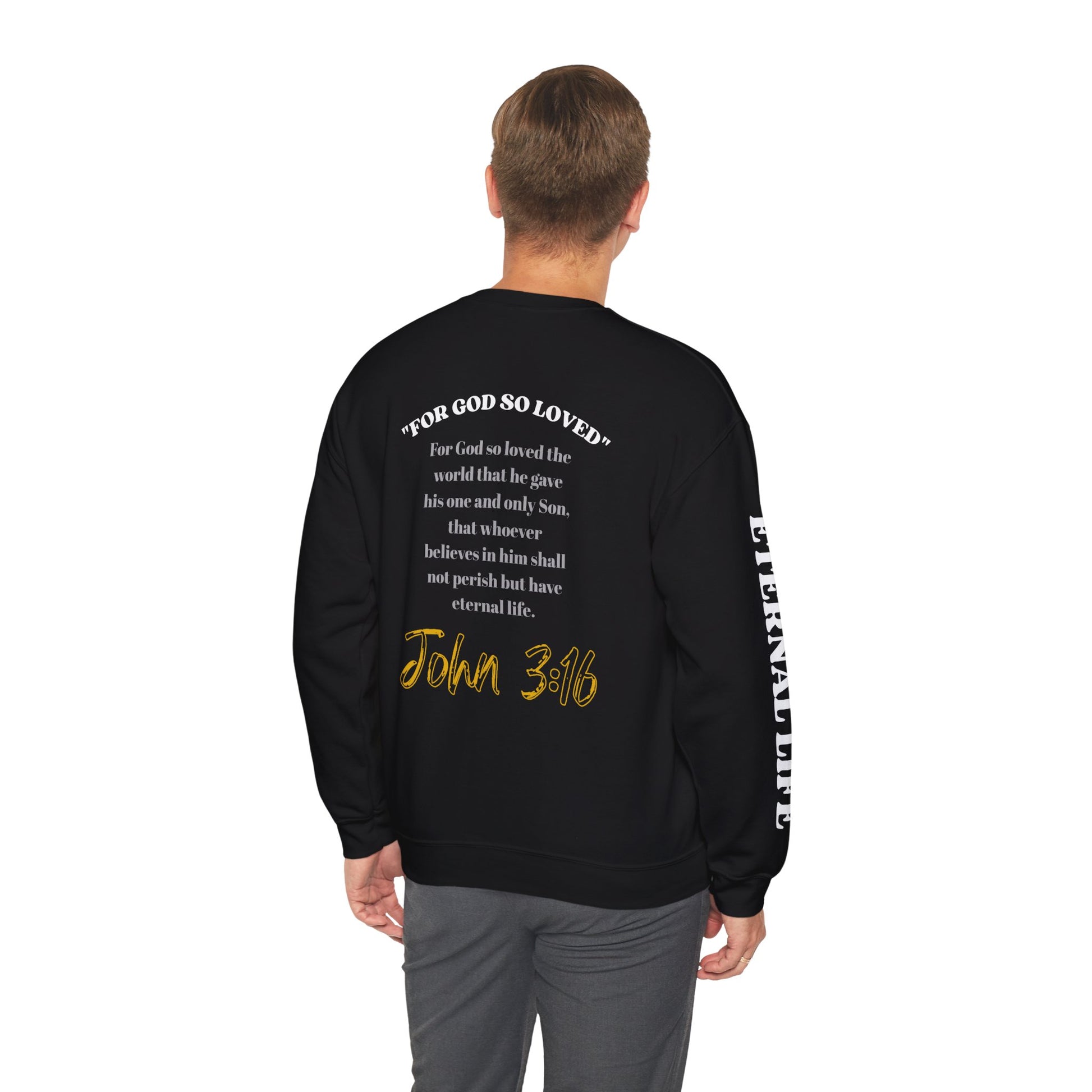 Black John 3:16 sweatshirt featuring inspirational Bible verse on the back for casual wear