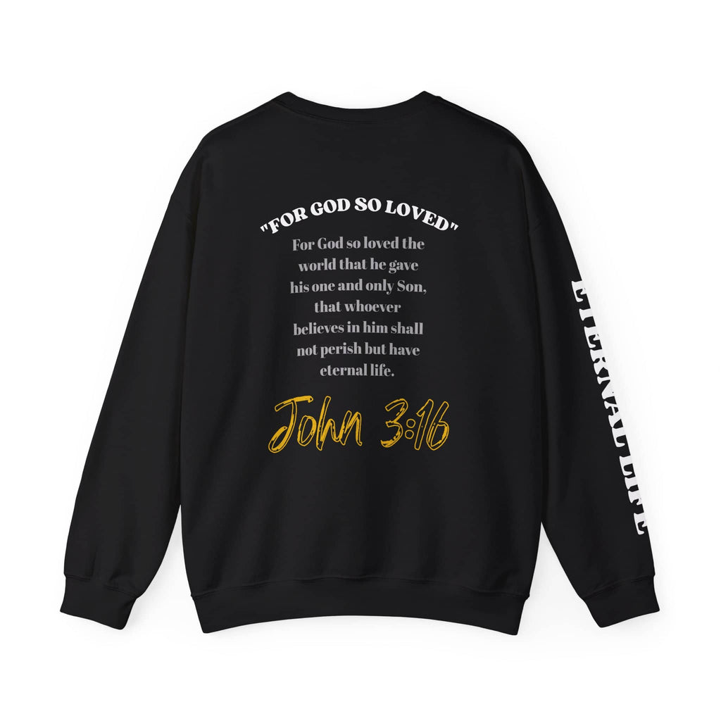 Black John 3:16 sweatshirt featuring a scripture design on the back and printed text on the sleeve