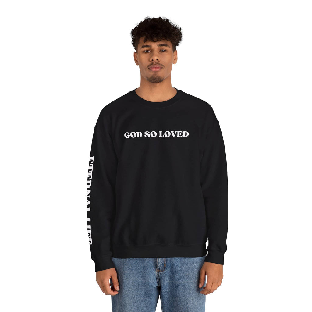 Black John 3:16 sweatshirt with 'God So Loved' text on the front and sleeve