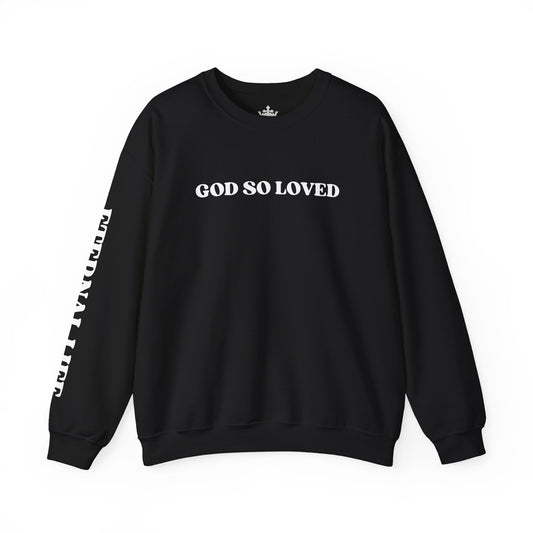 Black John 3:16 sweatshirt featuring bold 'GOD SO LOVED' text for casual comfort