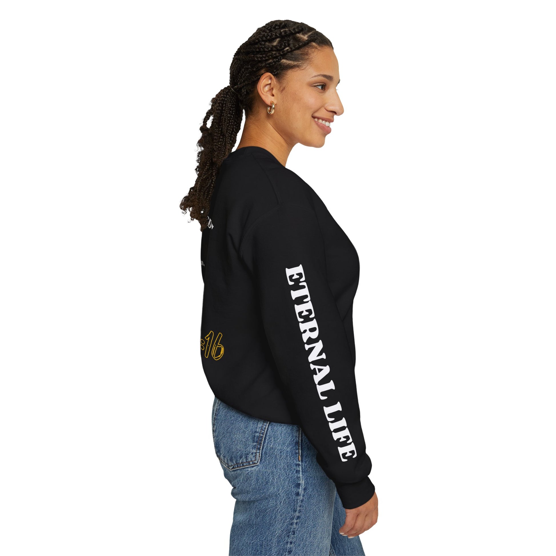 Black John 3:16 sweatshirt featuring ETERNAL LIFE text on sleeve for a stylish statement
