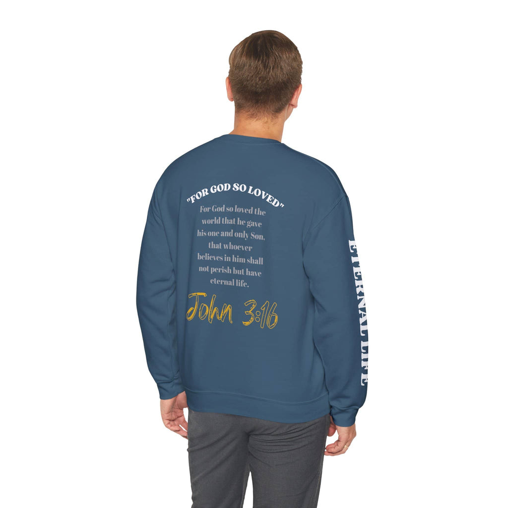 John 3:16 sweatshirt in blue featuring inspirational text about faith and eternal life