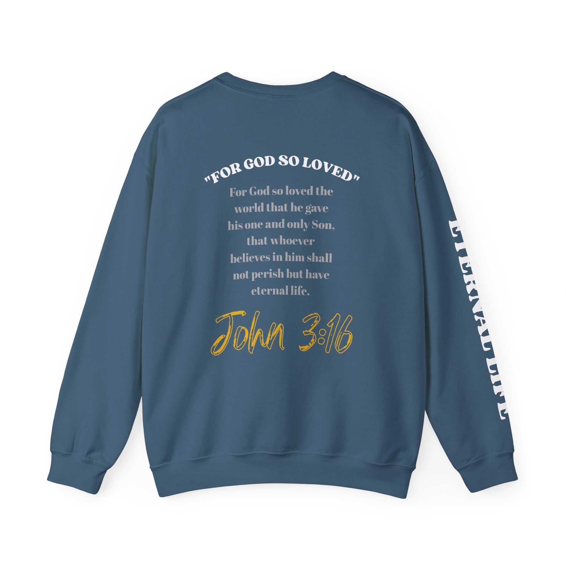 Blue John 3:16 sweatshirt featuring inspirational text on the back for a stylish look