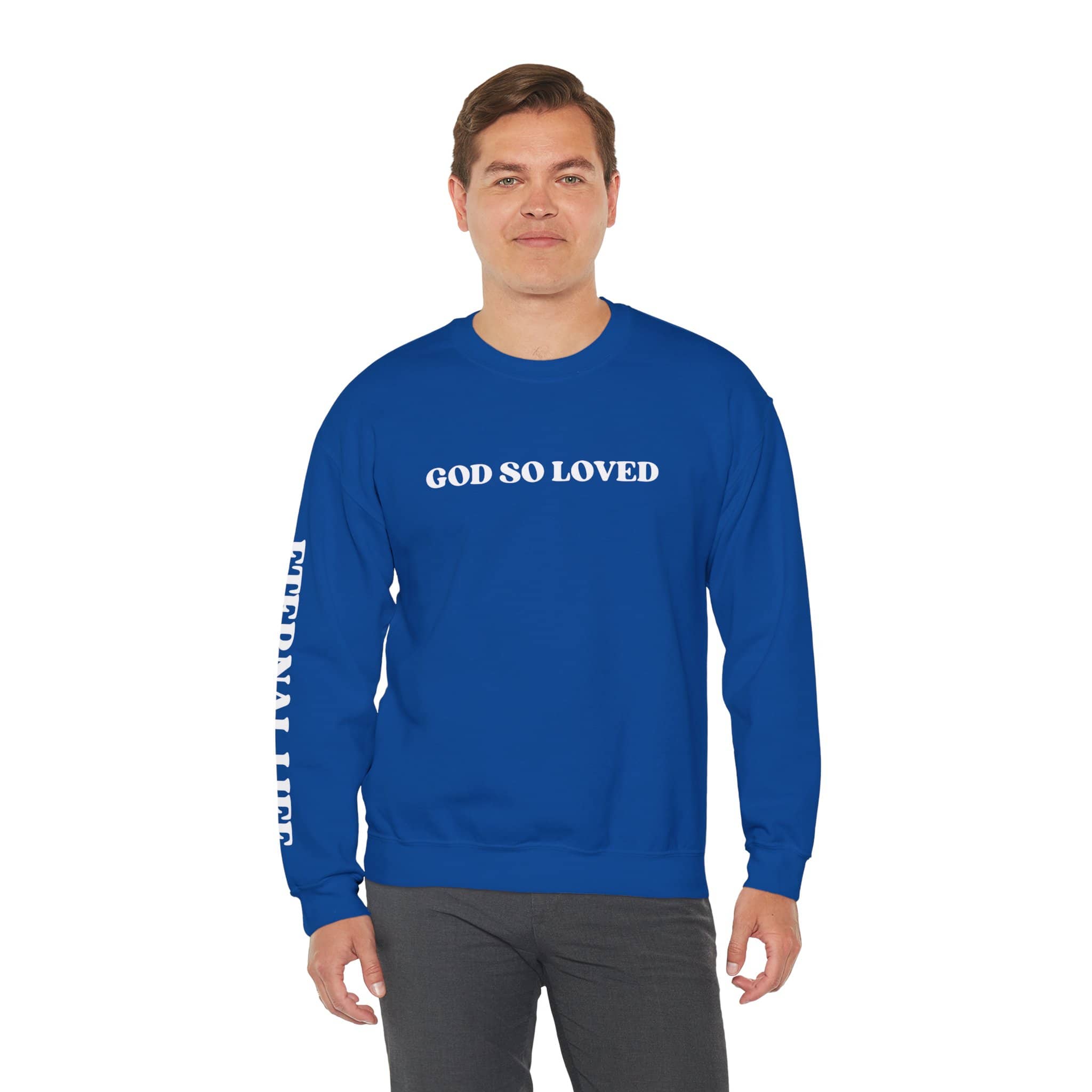 Blue John 3:16 sweatshirt with 'God So Loved' text on the front, perfect for casual wear