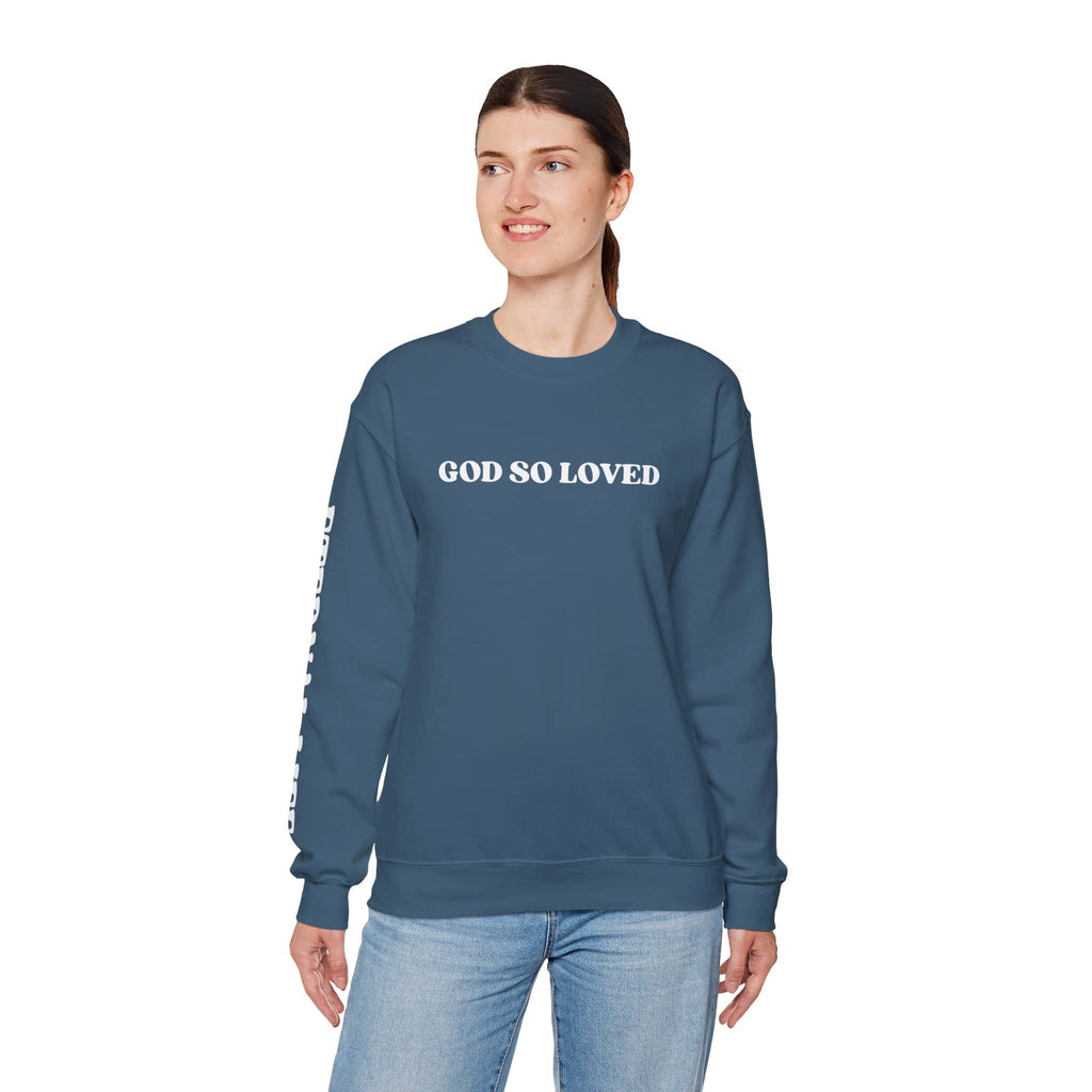 Comfortable John 3:16 sweatshirt in blue featuring 'GOD SO LOVED' text for everyday wear