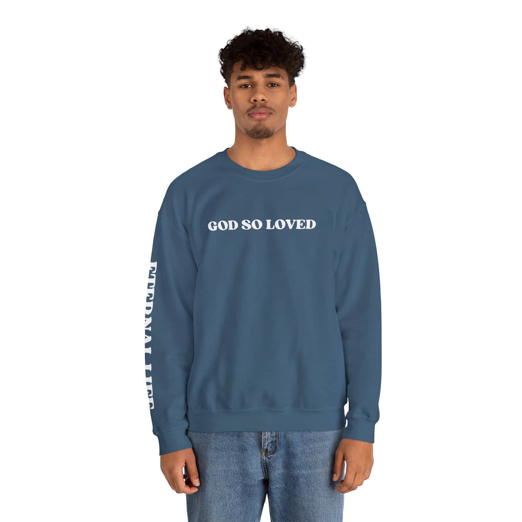John 3:16 sweatshirt in blue featuring 'God So Loved' text on the front and sleeve