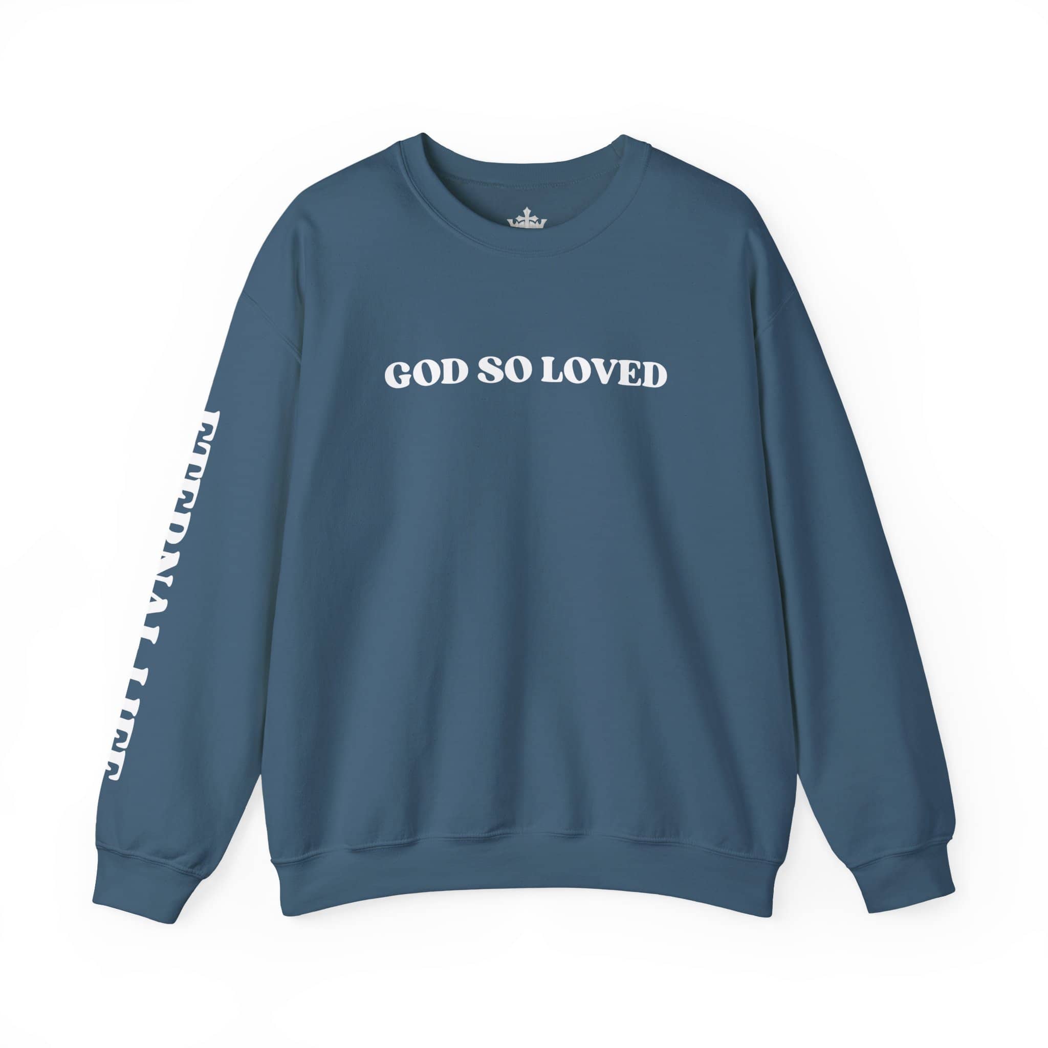 John 3:16 sweatshirt with 'God So Loved' text on the front in a stylish blue color