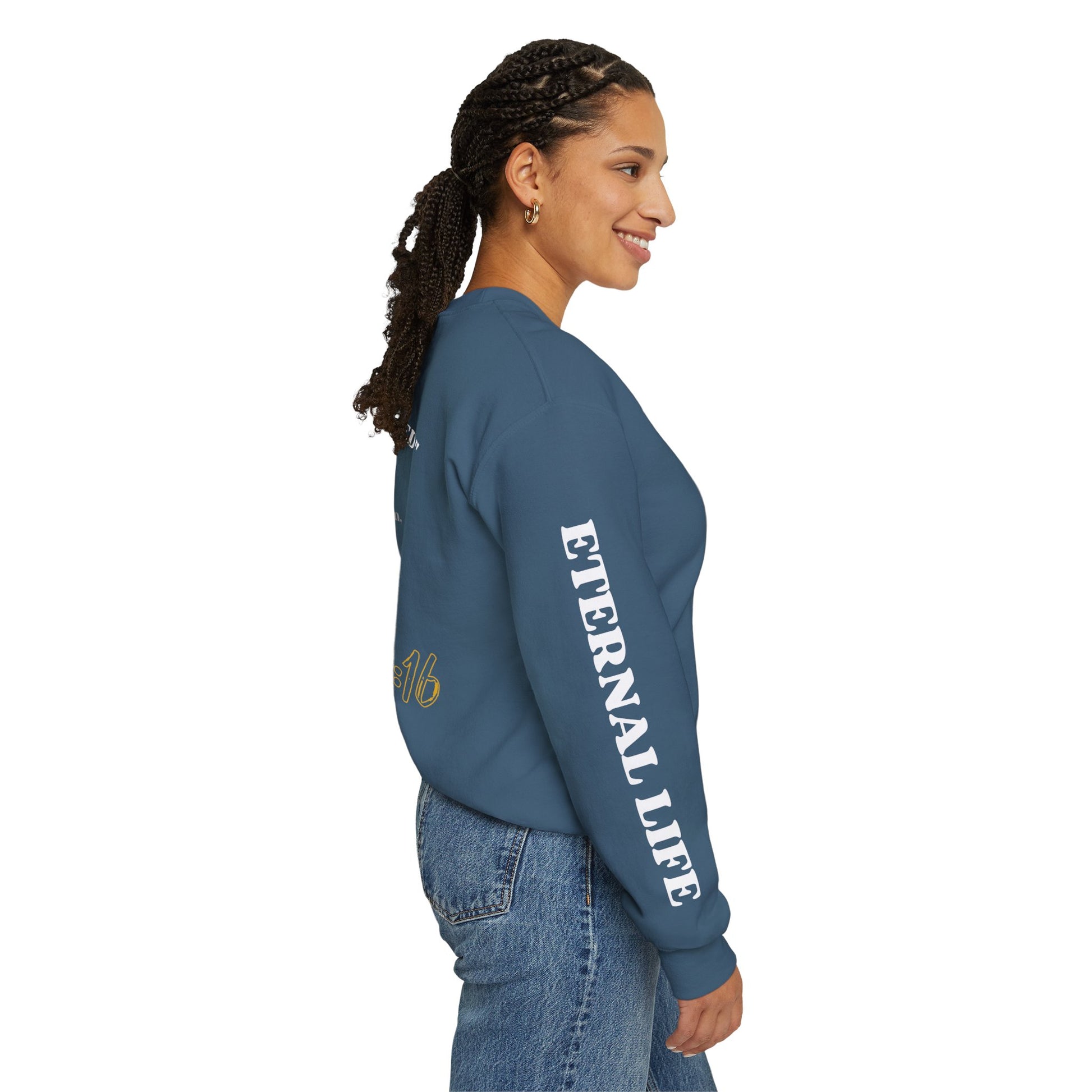John 3:16 sweatshirt in blue with ETERNAL LIFE printed on the sleeve for a stylish faith-inspired look