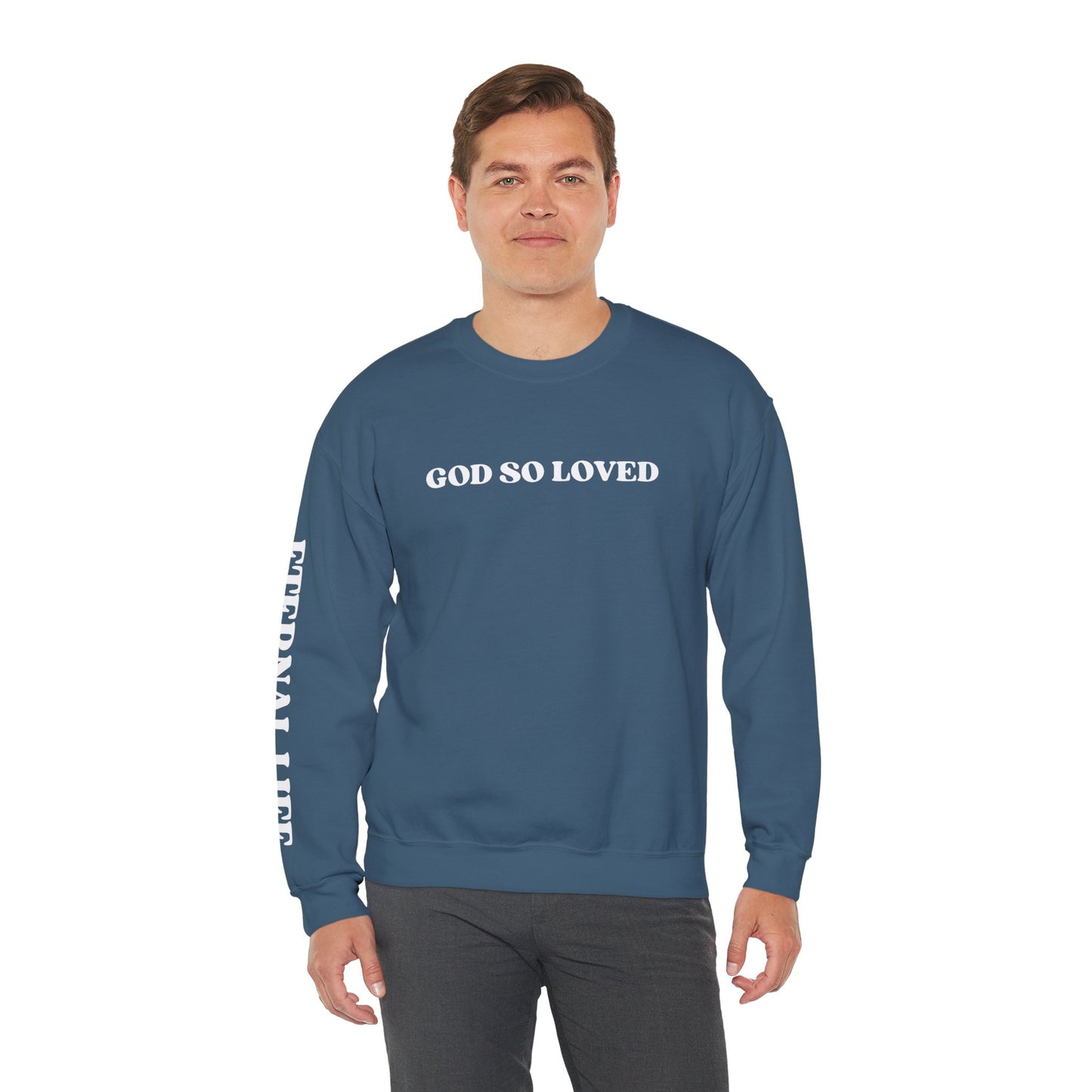 Blue John 3:16 sweatshirt with 'God So Loved' text on the front and sleeve