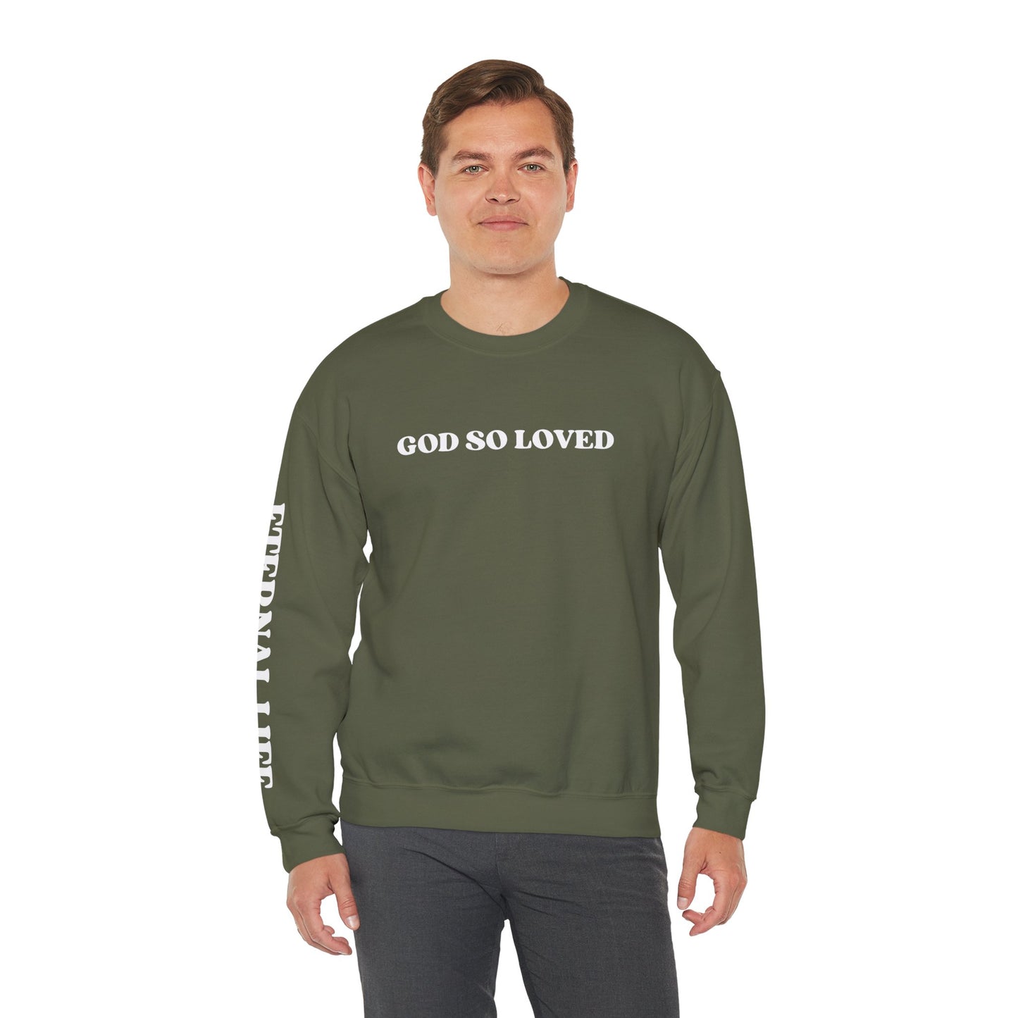 Olive Green John 3:16 sweatshirt with 'God So Loved' text on the front and sleeve