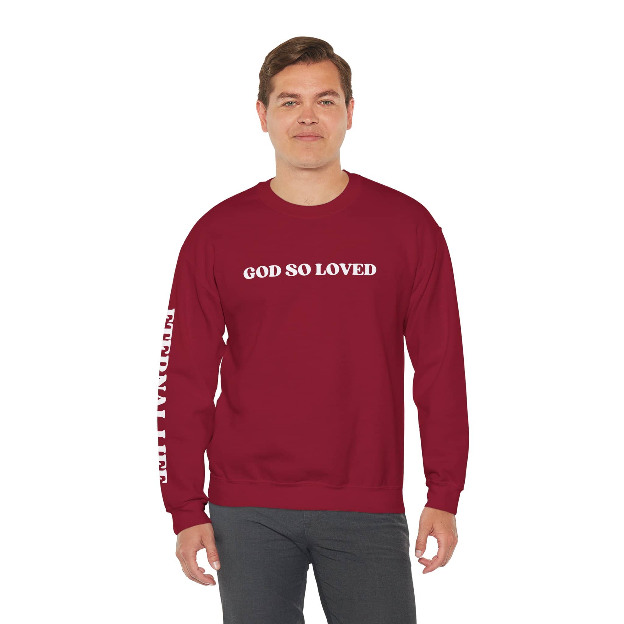 John 3:16 sweatshirt in maroon with 'God So Loved' text on the front and sleeve