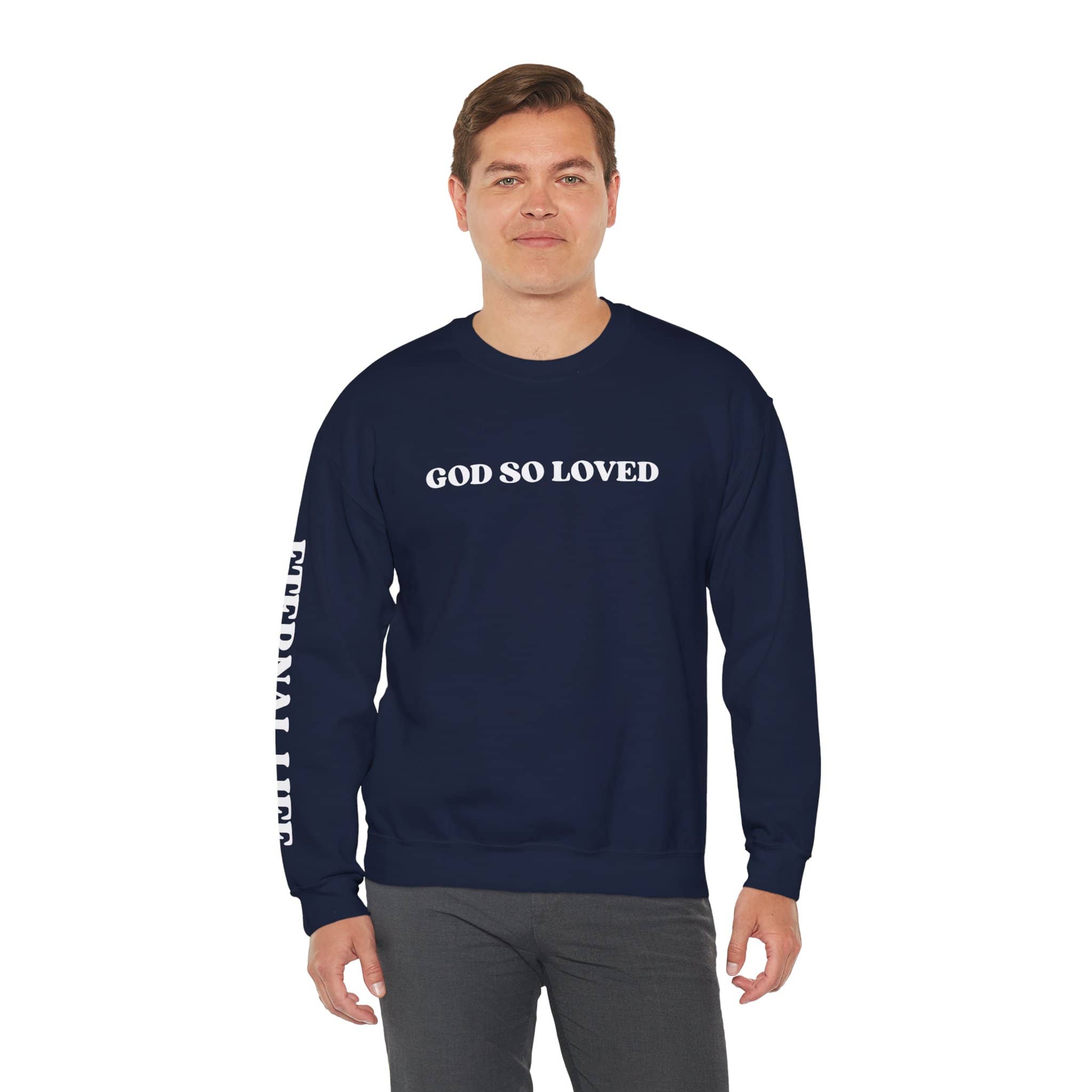 Navy John 3:16 sweatshirt featuring 'God So Loved' text for comfort and faith wear