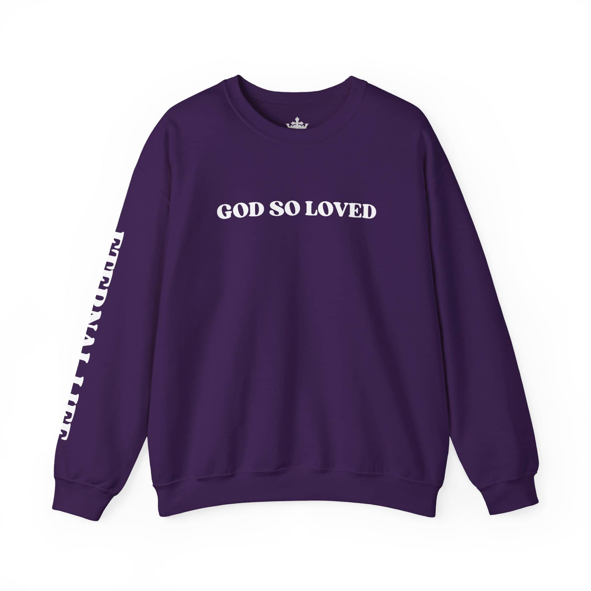 Purple John 3:16 sweatshirt featuring 'God So Loved' text on the front and sleeve
