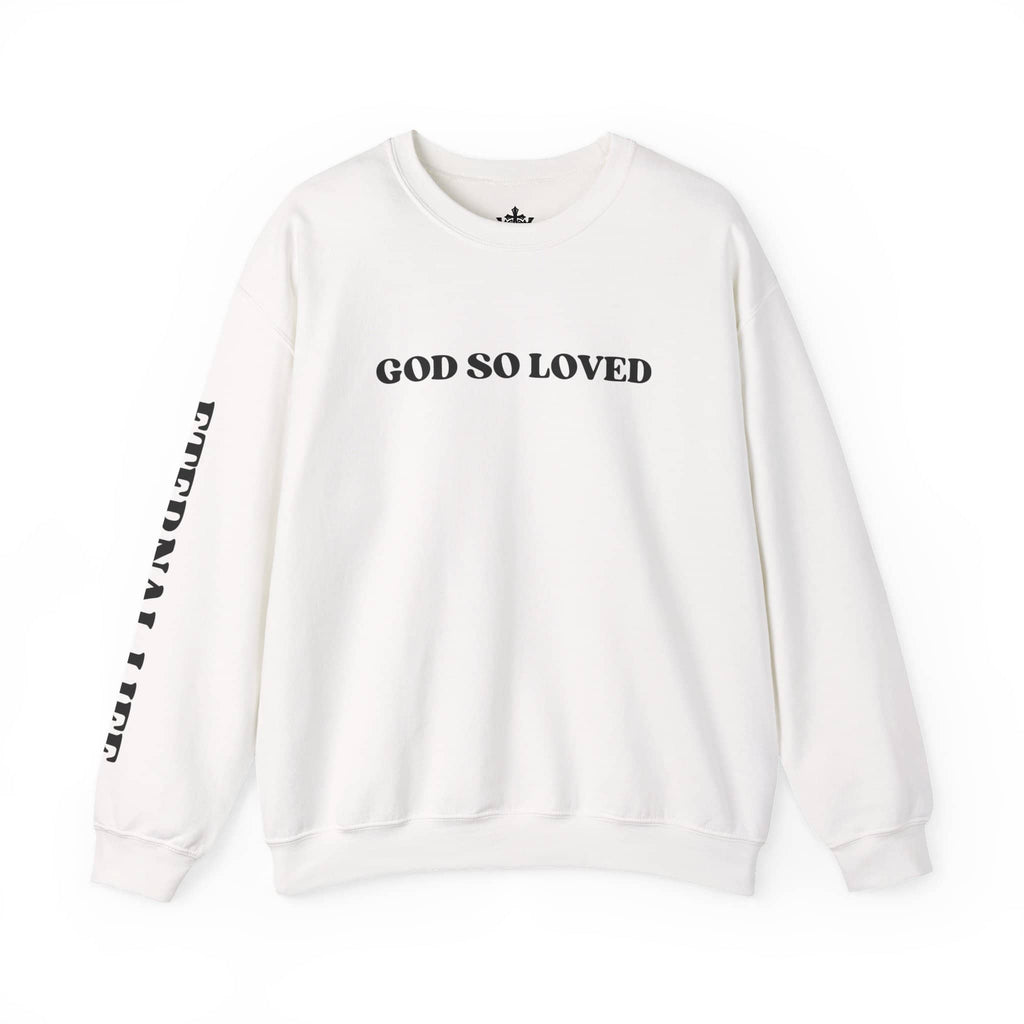 White John 3:16 sweatshirt with 'God So Loved' printed on the front for a casual style.