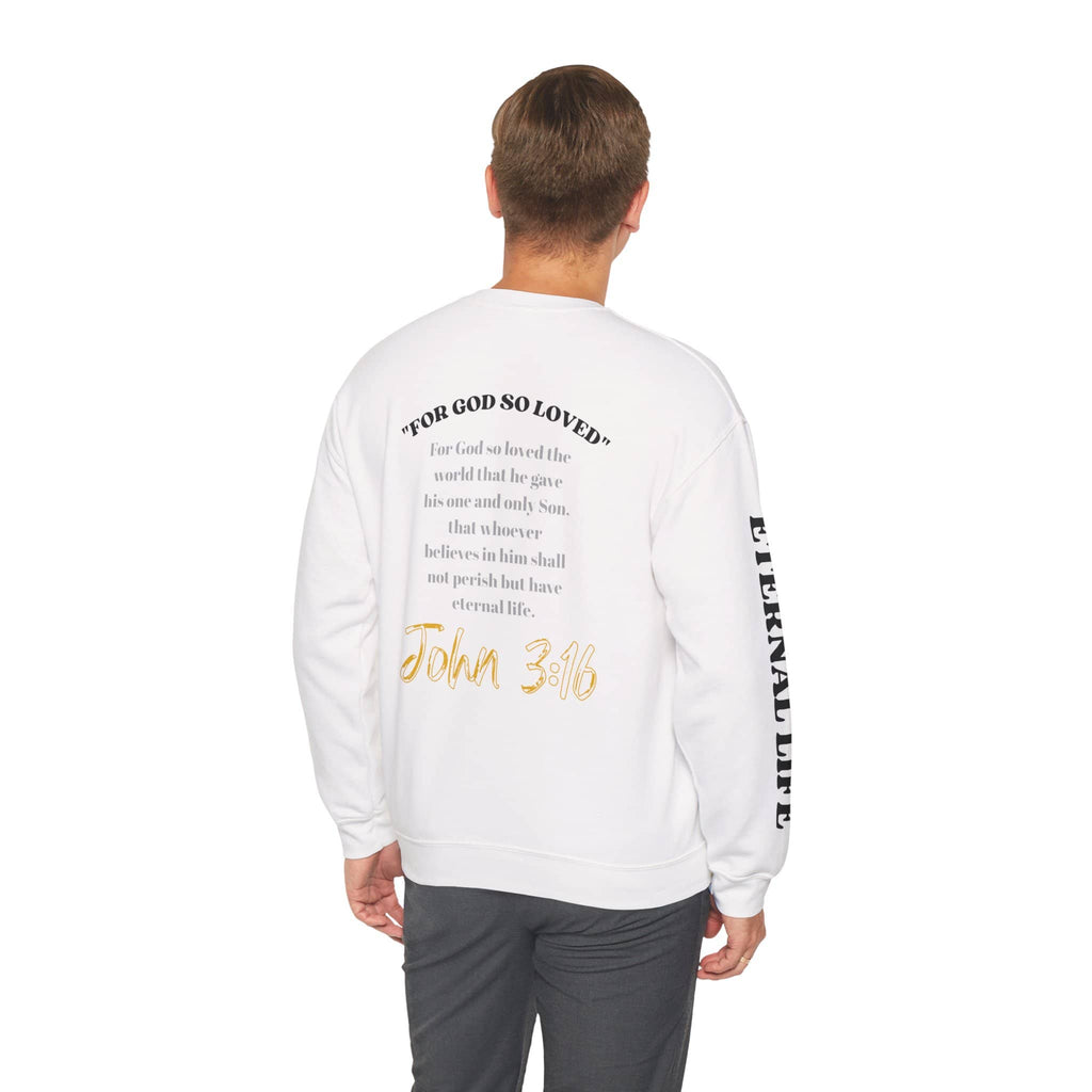 White John 3:16 sweatshirt featuring biblical text for a stylish and inspirational outfit