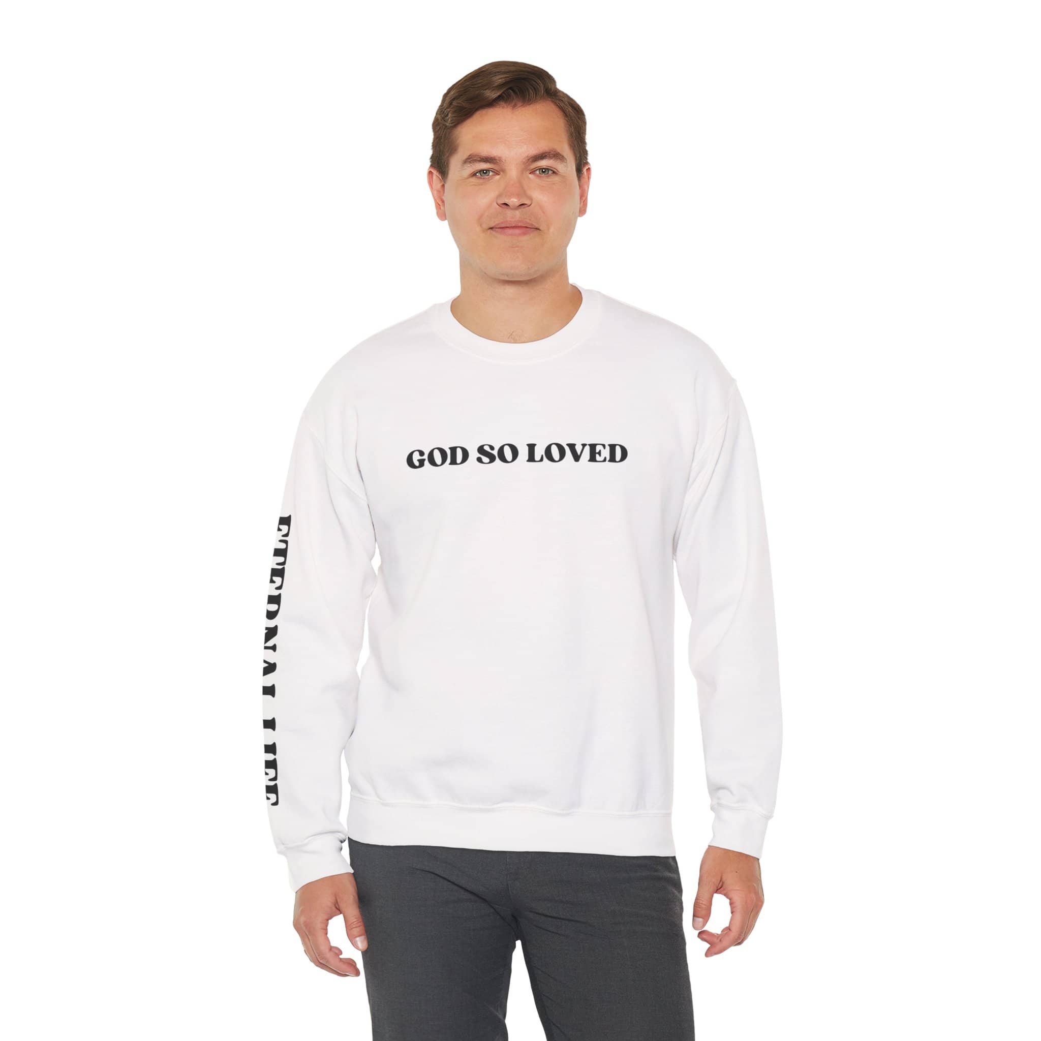 White John 3:16 sweatshirt featuring 'GOD SO LOVED' text on the front and sleeve