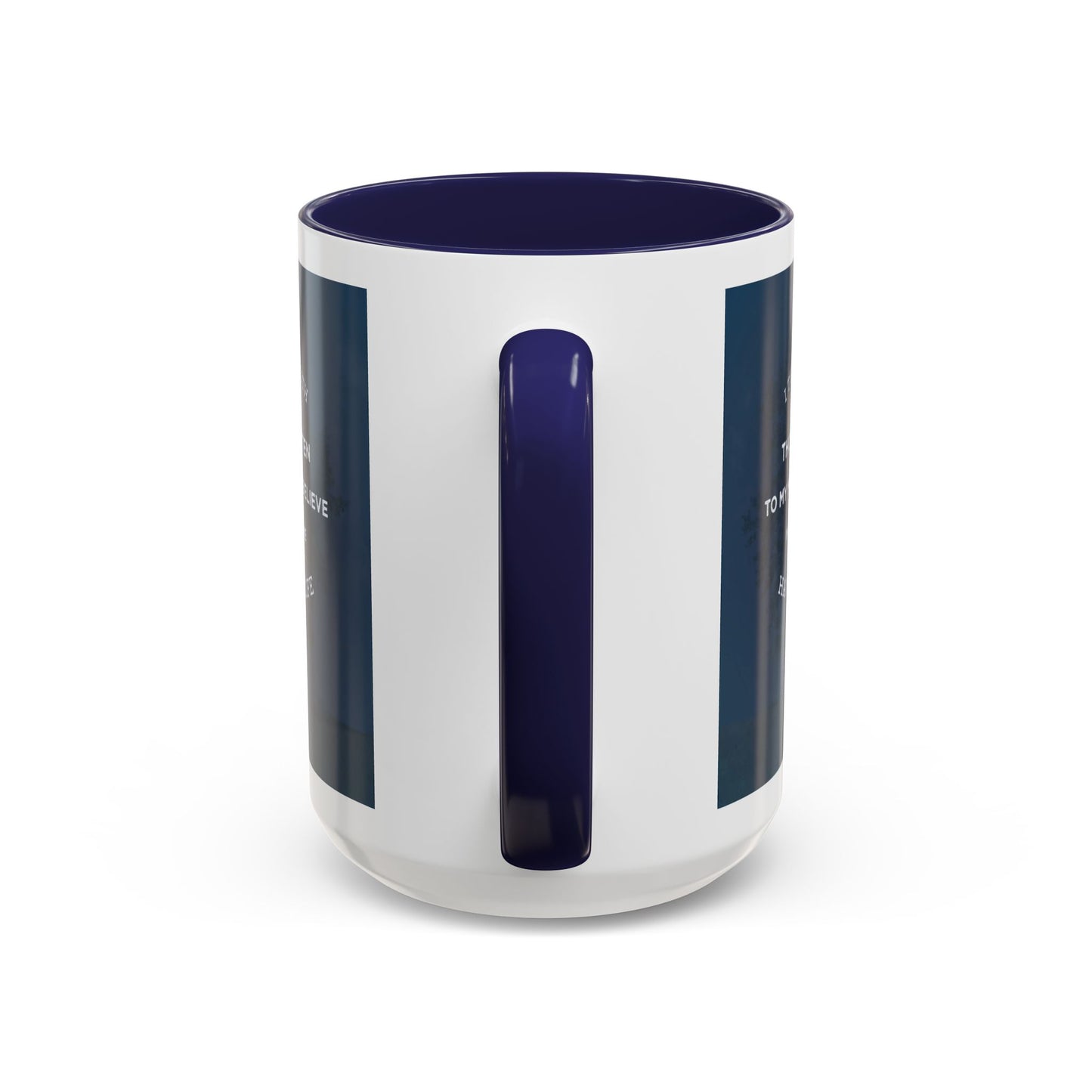 White and navy John 5 24 scripture mug with handle and scripture design by Logos Co. 