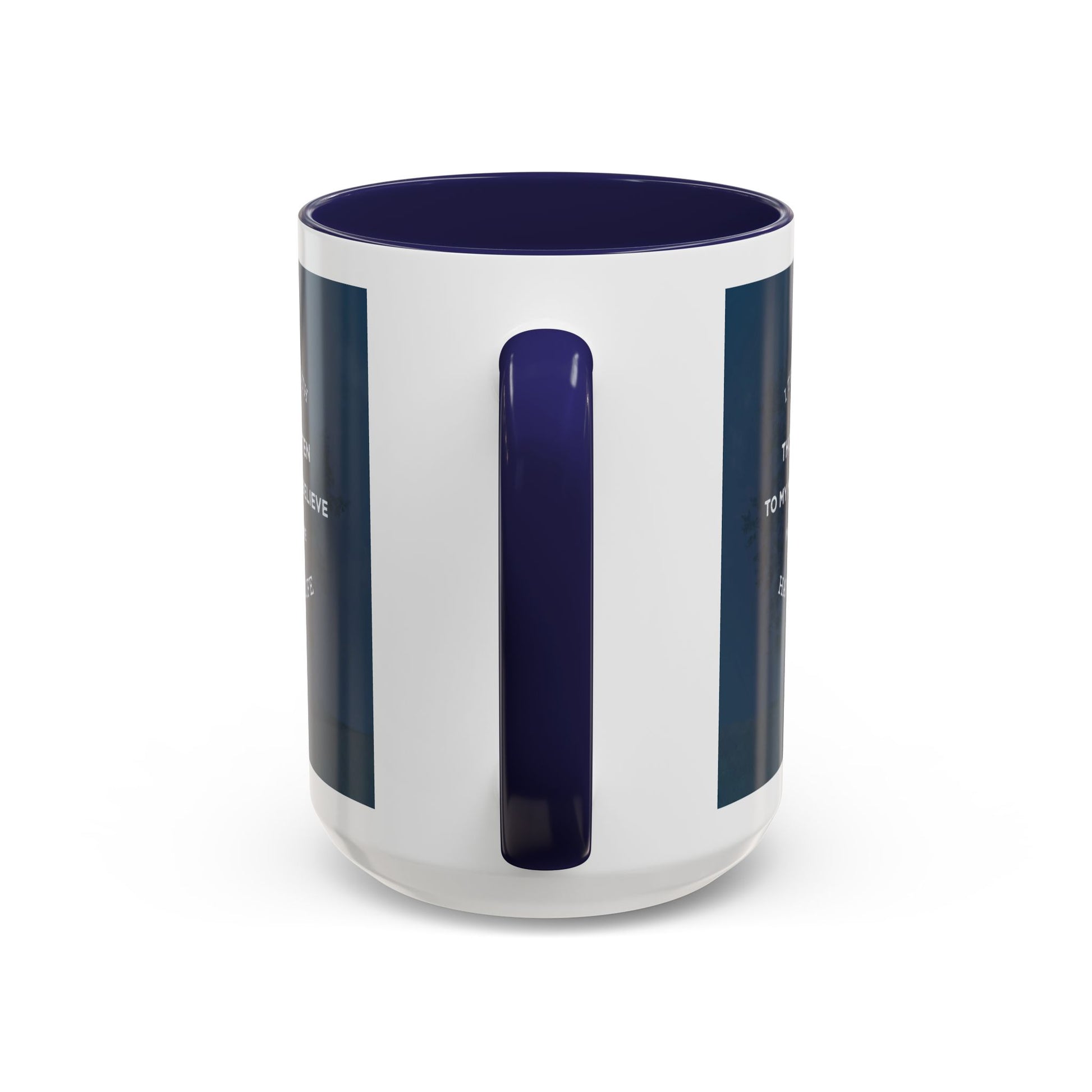 White and navy John 5 24 scripture mug with handle and scripture design by Logos Co. 