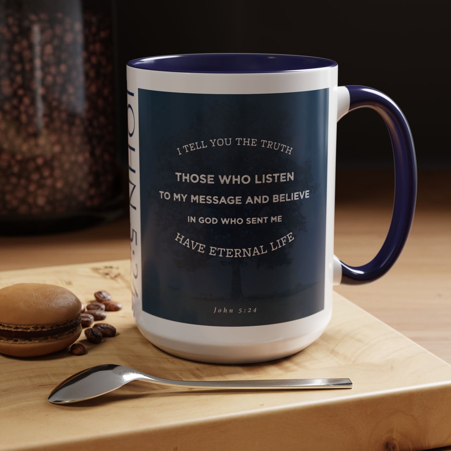John 5:24 scripture mug with navy handle and blue scripture design on white ceramic